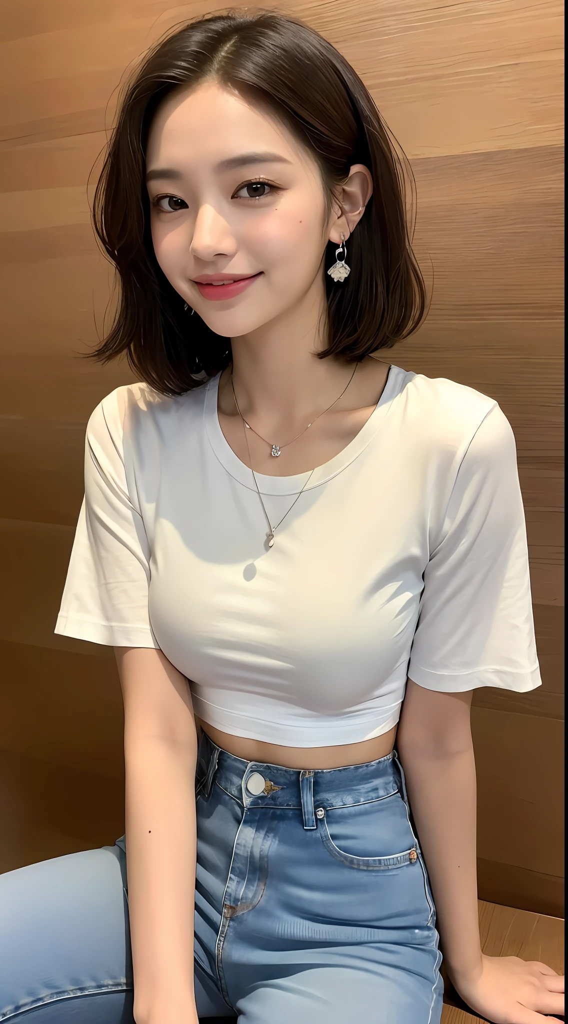 ((Best Quality, 8K, Masterpiece: 1.3, 1girl, Beautiful Girl, Ultra-detailed face and skin texture, Detailed Lips, Detailed Tongue, Dynamism)), Photorealistic, raw photo, natural lighting、( dark rust wavy short hair), big, toned abdomen, big round buttocks, double eyelids, brown eyes, moist lips, large earrings, simple necklace, navel piercing, moles around the eyes, (beauty salon seat), white t-shirt, denim skirt, smile, wide open mouth, full body