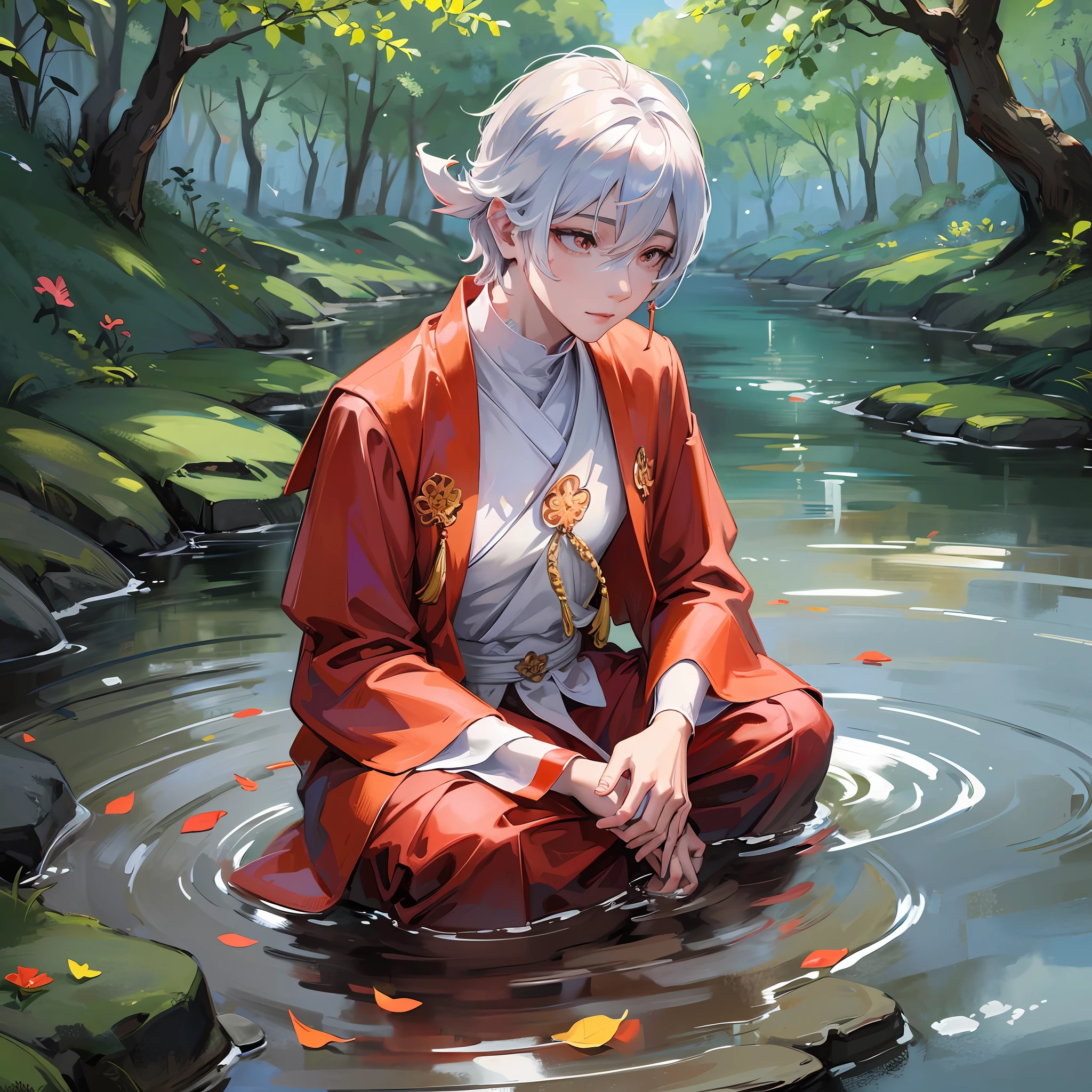 Paper origami themed Buddhist monk meditating By the stream, his coral-colored threads are coming out The facial expression is peaceful, cinematic lighting hyper realistic super details skin texture is very detail --auto --s2