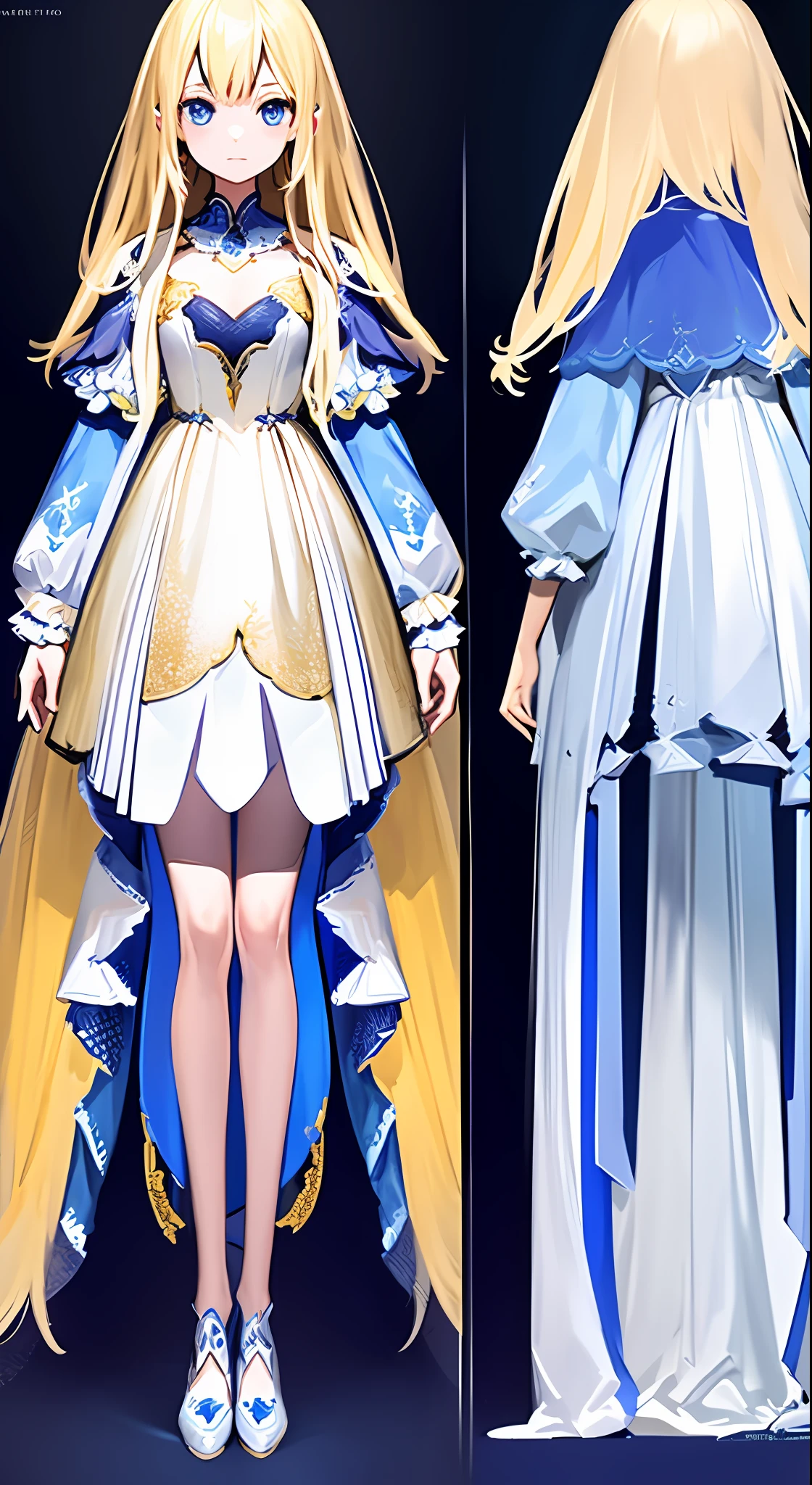 charturnerv2, 1girl, full body, blonde hair, long hair, blue eyes, white dress with blue details, princess, same outfit, concept-art, full body, detail_face, line_sketch, PlanIt, official art, official alternate costume, design style, multi style, detail character, 4_side, original, 8K GC, massive detail, multiple views of the same character, no background, only detail character, technical illustration, multiple views,masterpiece,best quality