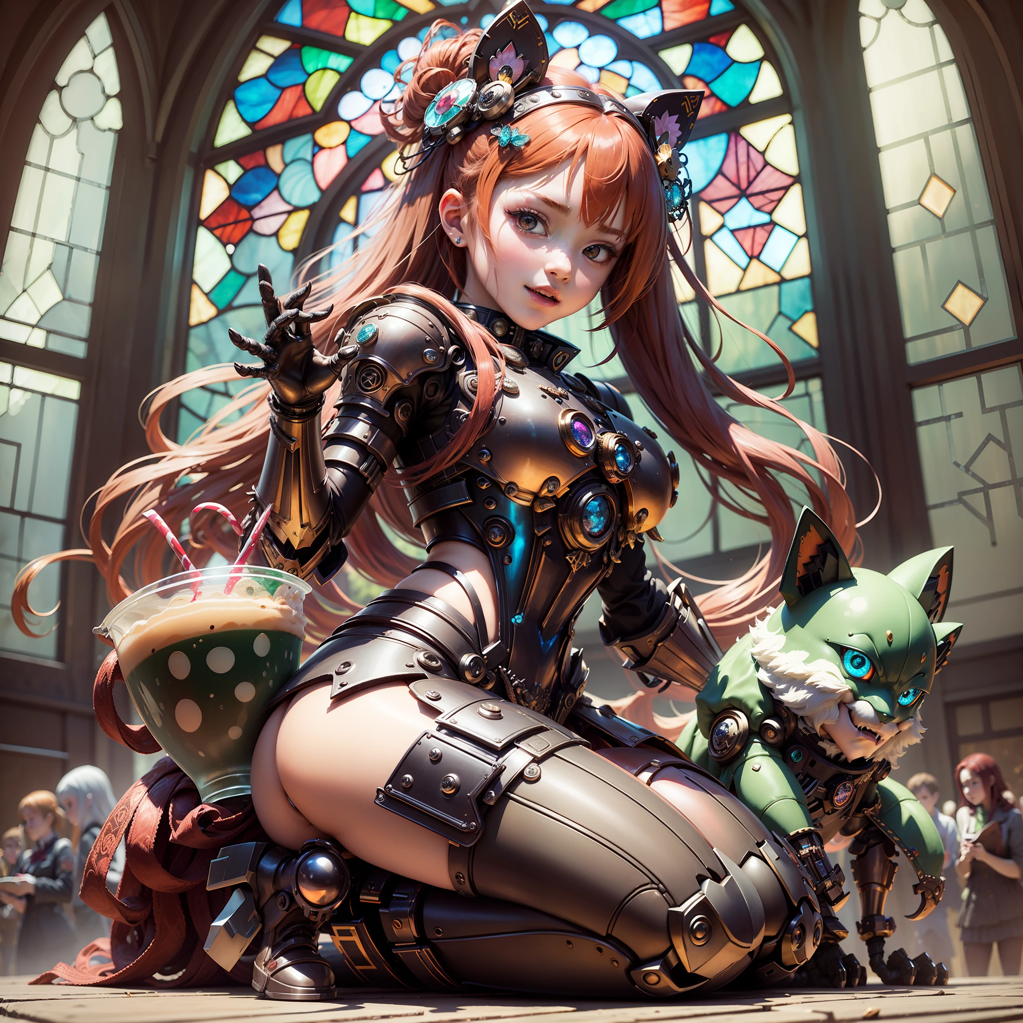 High detail, multiple girls, poet, fangs, embarrassment, redhead, bow hair accessories, metal armor, loafers, mechanical corners, kneeling, hand in hand, stained glass, stained glass craftsmanship, frappuccino
Model: Style model (Kokukaze mecha) --auto --s2