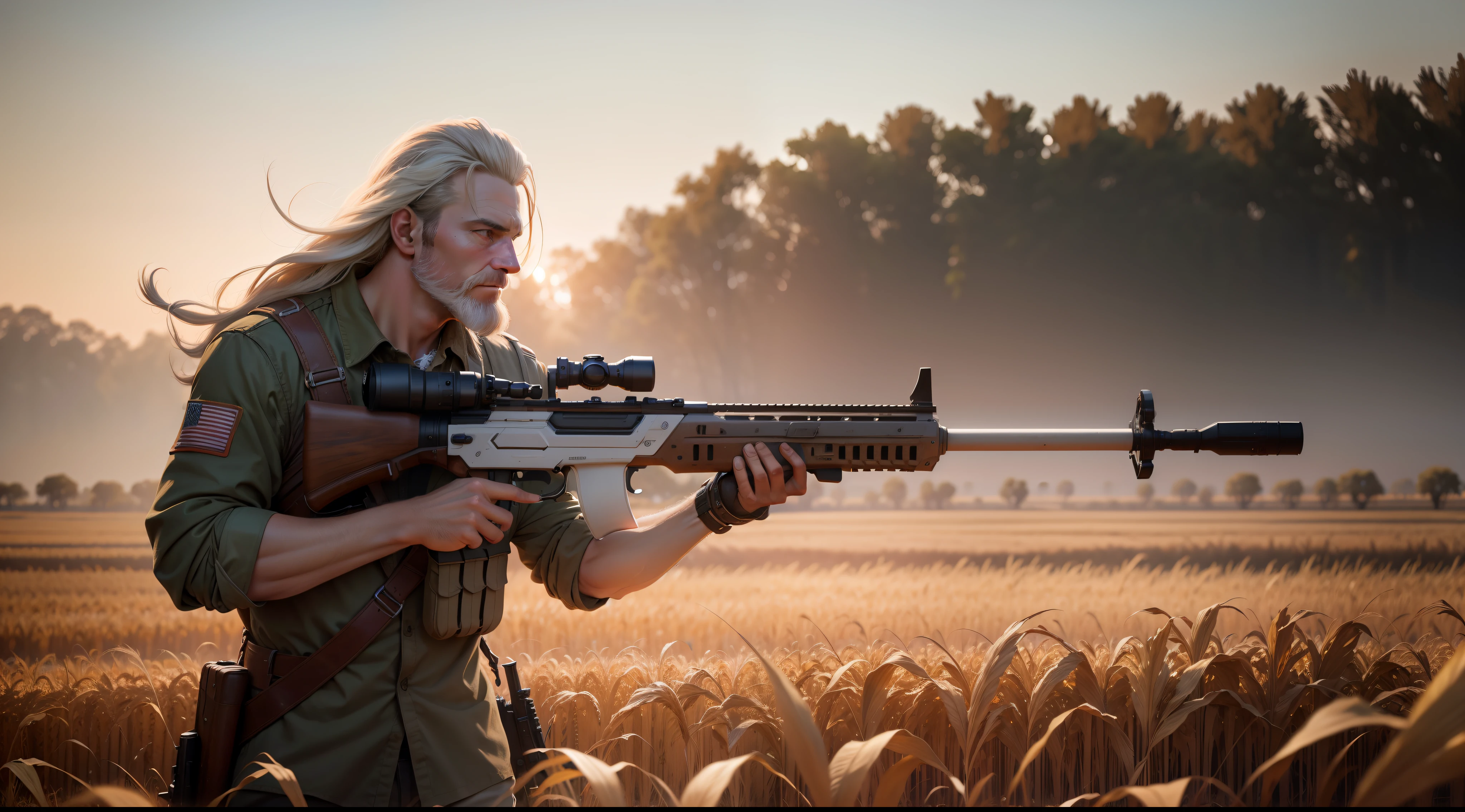 white man 1.80 feet tall, hunting wild boar with rifle in harvested corn field, streaked hair, cinematic lighting, 4K, high details, high quality