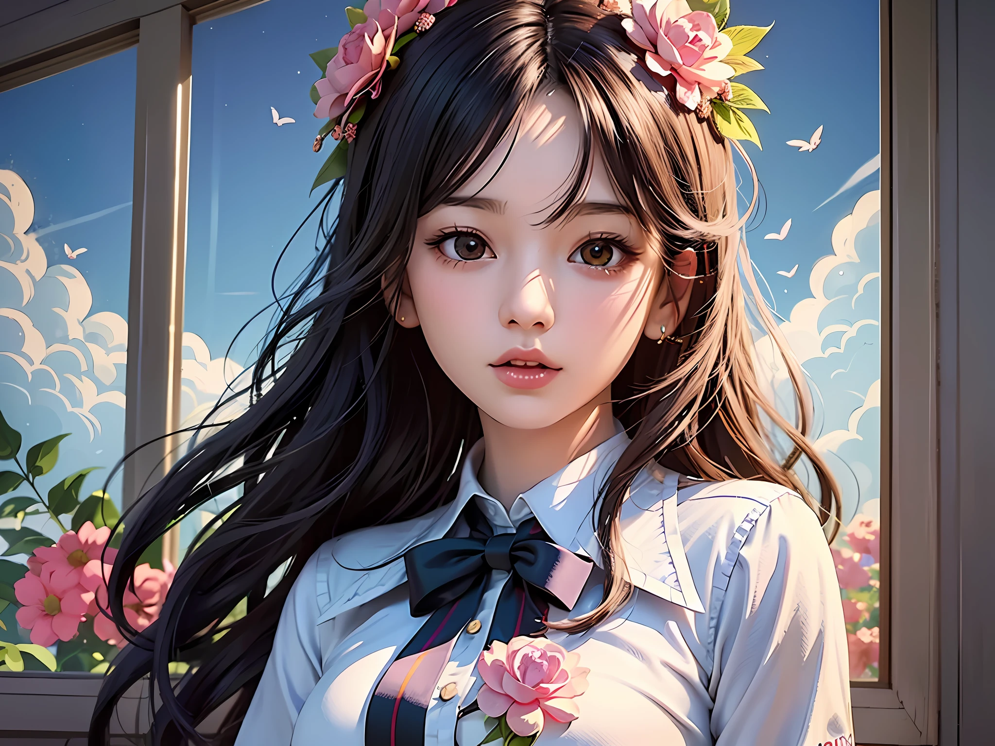 anime girl with long black hair wearing a white shirt and a flower crown, beautiful anime portrait, stunning anime face portrait, beautiful anime girl, kawaii realistic portrait, detailed portrait of anime girl, portrait anime girl, realistic anime 3 d style, realistic young anime girl, realistic anime artstyle, young anime girl, anime realism style, realistic anime art style --auto --s2