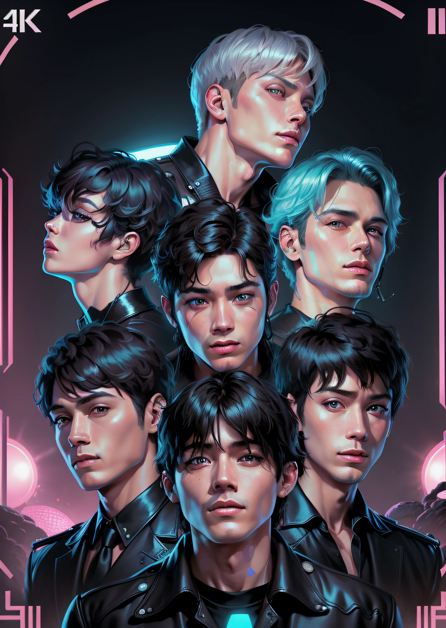 Band Bts Group style stamp vector characters realistic ,highly detailed digital painting 8k virgil finlay, sci-fi, colors, neon lights --auto --s2