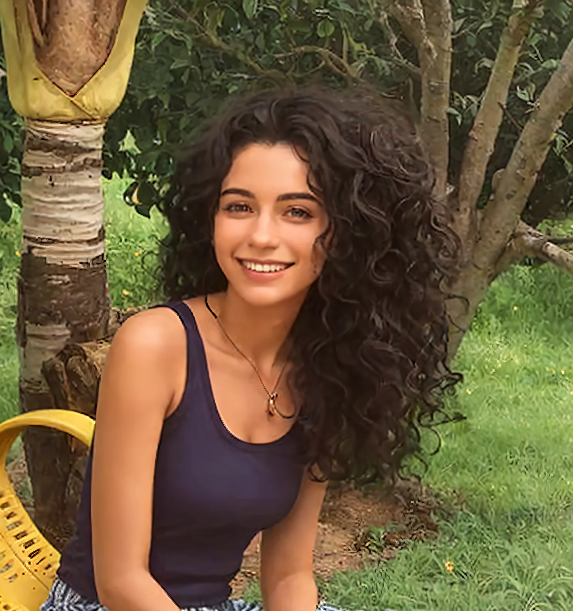 smiling woman sitting on a yellow chair in a garden, 30-year-old woman from cuba, malika favre, alanis guillen, looks like fabiula nascimento, an olive skinned, imane anys, dark short curly hair smiling, by Maria Helena Vieira da Silva, by Daniel Lieske, by Nándor Katona --auto --s2