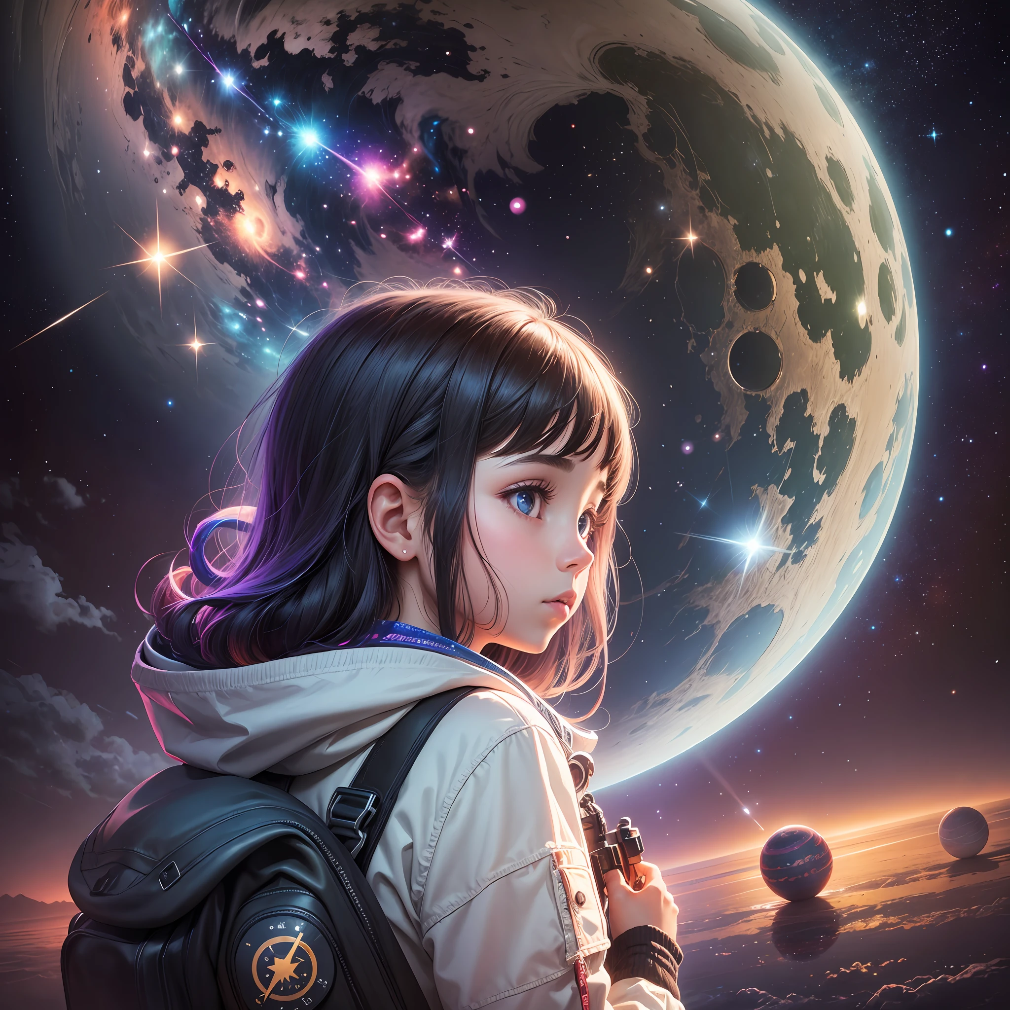 Girl looking at the universe, full of star and planets, realistic, neon, space --auto --s2