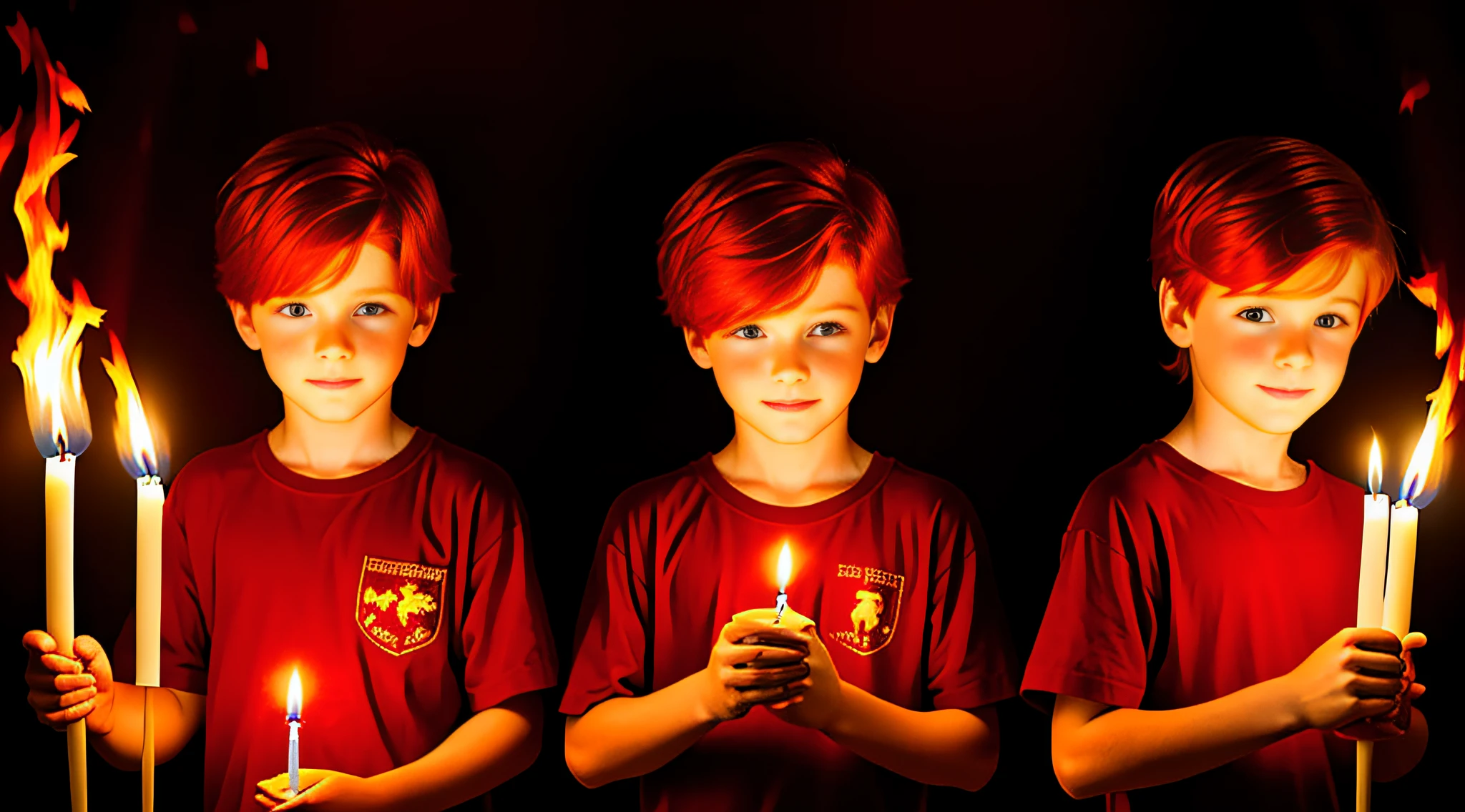 REDHEAD CHILDREN BOYS WITH STRAIGHT HAIR, with fire in their hands, RED BACKGROUND, CANDLES WITH FIRE.