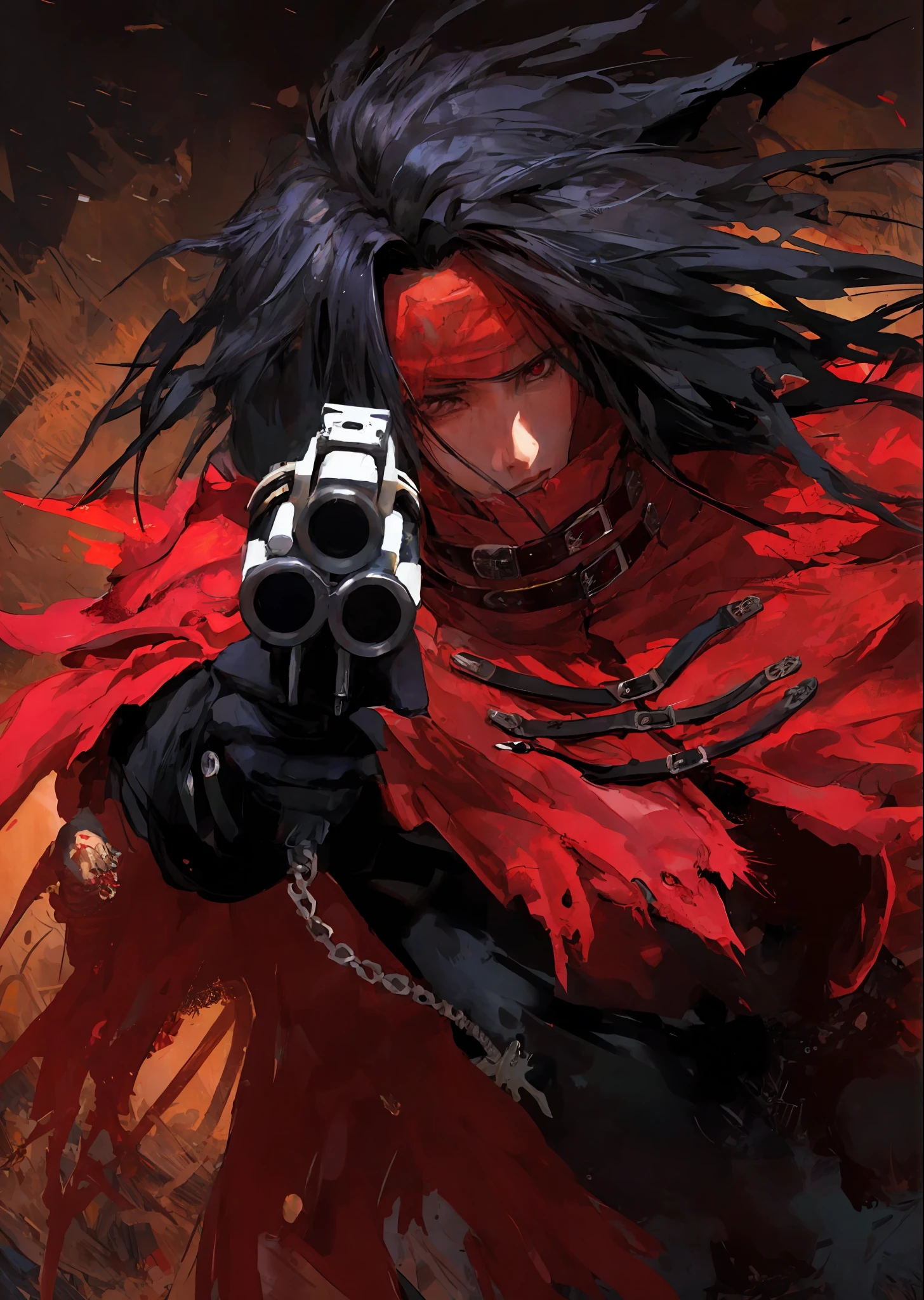 (((Final Fantasy, Vincent Valentine)),detailed face attractive man long black hair, anime character with red cape and zippers, turtleneck, 4k manga wallpaper, badass anime 8k, tetsuya nomura style, epic anime style, gold metal bracelet, with claws, shigenori soejima illustration, alucard, berserk style, inspired by Kawabata Ryūshi, futuristic tetsuo