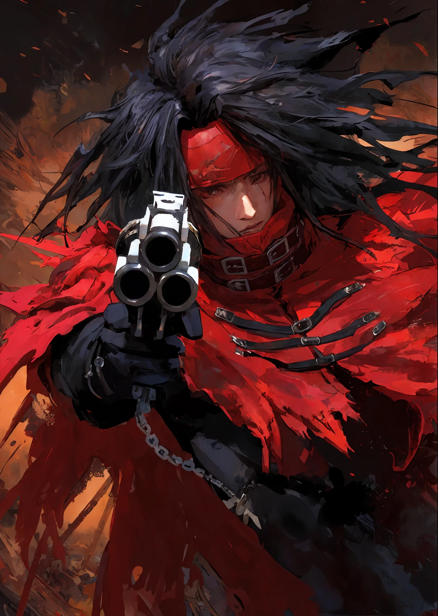 (((Final Fantasy, Vincent Valentine)),detailed face attractive man long black hair, anime character with red cape and zippers, turtleneck, 4k manga wallpaper, badass anime 8k, tetsuya nomura style, epic anime style, gold metal bracelet, with claws, shigenori soejima illustration, alucard, berserk style, inspired by Kawabata Ryūshi, futuristic tetsuo