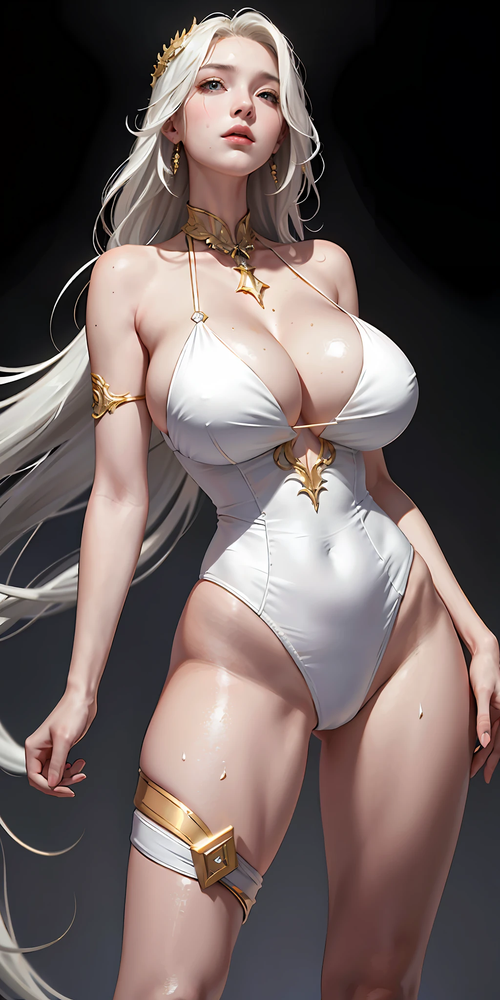 Top quality, masterpiece, gold-eyed, white sexy clothes, look up, fair skin, side blades, huge breasts, stunning lower body, wavy light gray hair, raised bikini, metal accessories, one girl, imitation cleavage, sweaty skin, wide open legs, hands in the crotch