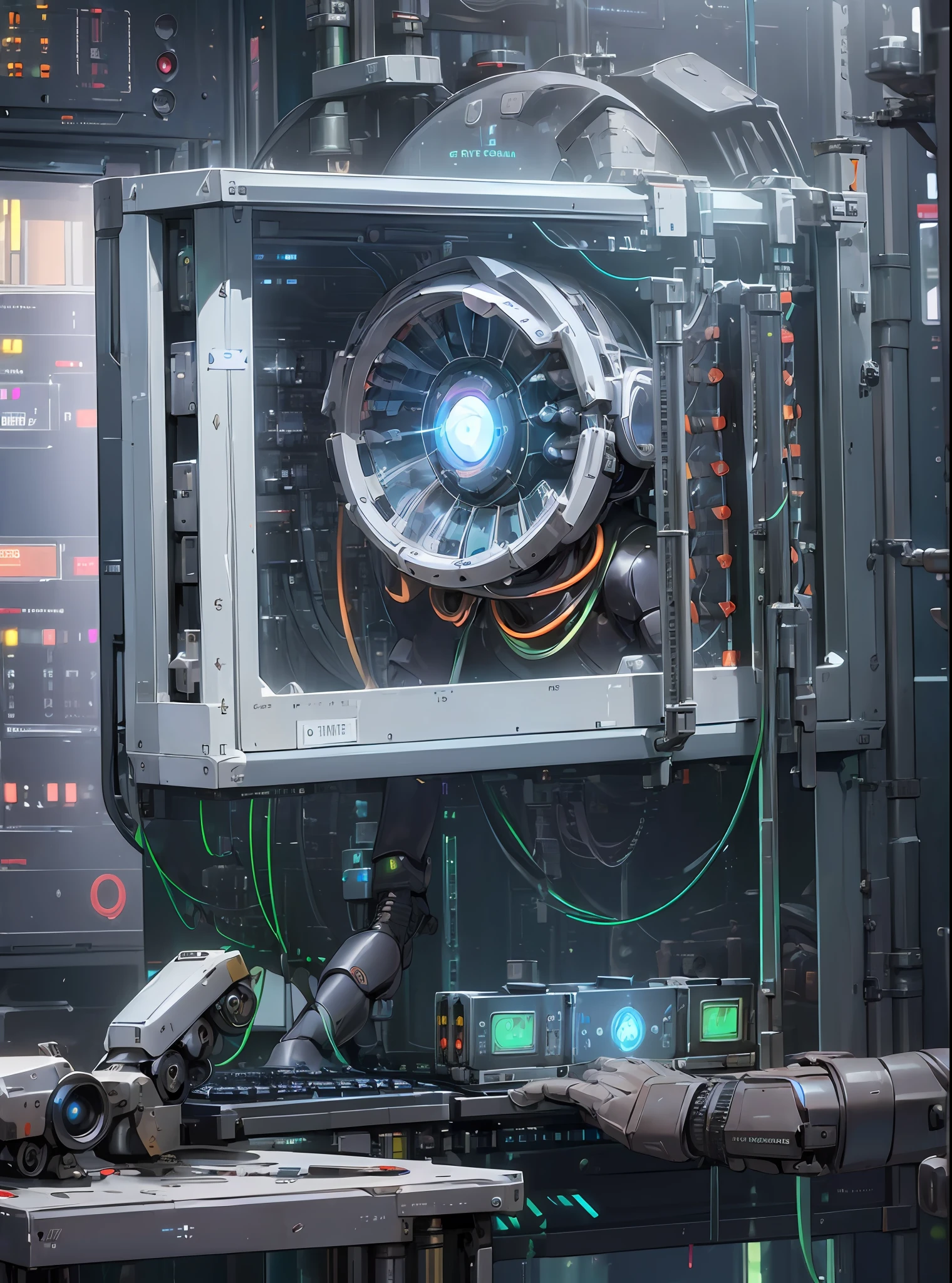 a ((((artificial intelligence))) accessing the Internet from a super (((computer terminal))) futuristic, steampunk, 4k, ultra realistic, cinema quality --auto --s2