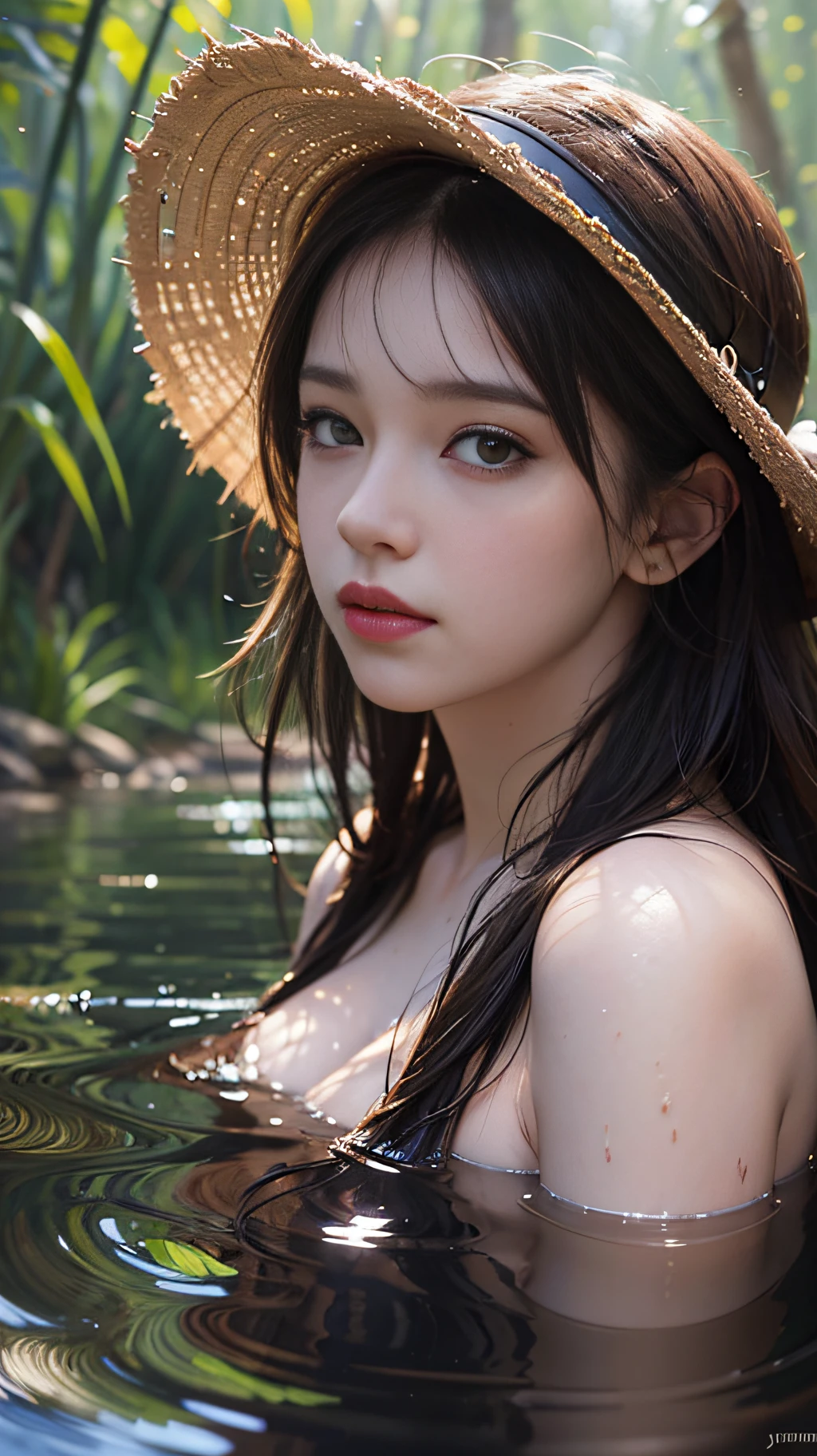 close up portrait of a cute woman (gldot) bathing in a river, reeds, (backlighting), realistic, masterpiece, highest quality, lens flare, shade, bloom, [[chromatic aberration]], by Jeremy Lipking, by Antonio J. Manzanedo, digital painting,