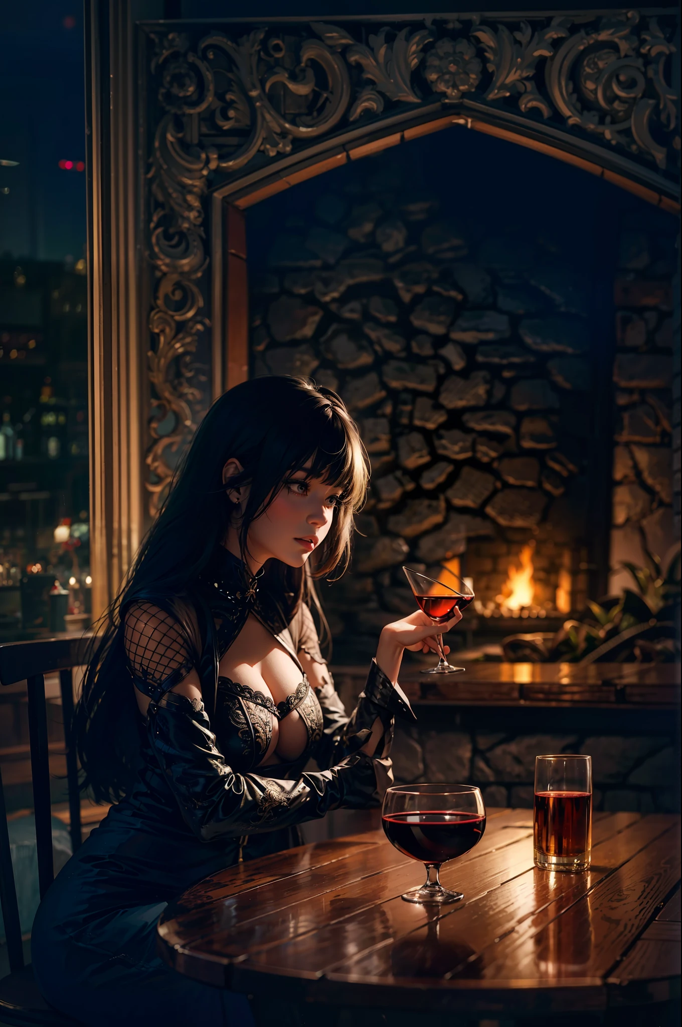 wide angle lens f/2.8, ultra insane high resolution intricate textures, texture indentation, perfect perspective, perfect geometry, ultra insane ambient lighting, ultra insane ambient shadows, insane RTX, ultra detailed busy tavern background, there is a woman sitting at a table with a glass of wine in a medieval dimly-warm-lit cozy tavern, at night, near fireplace