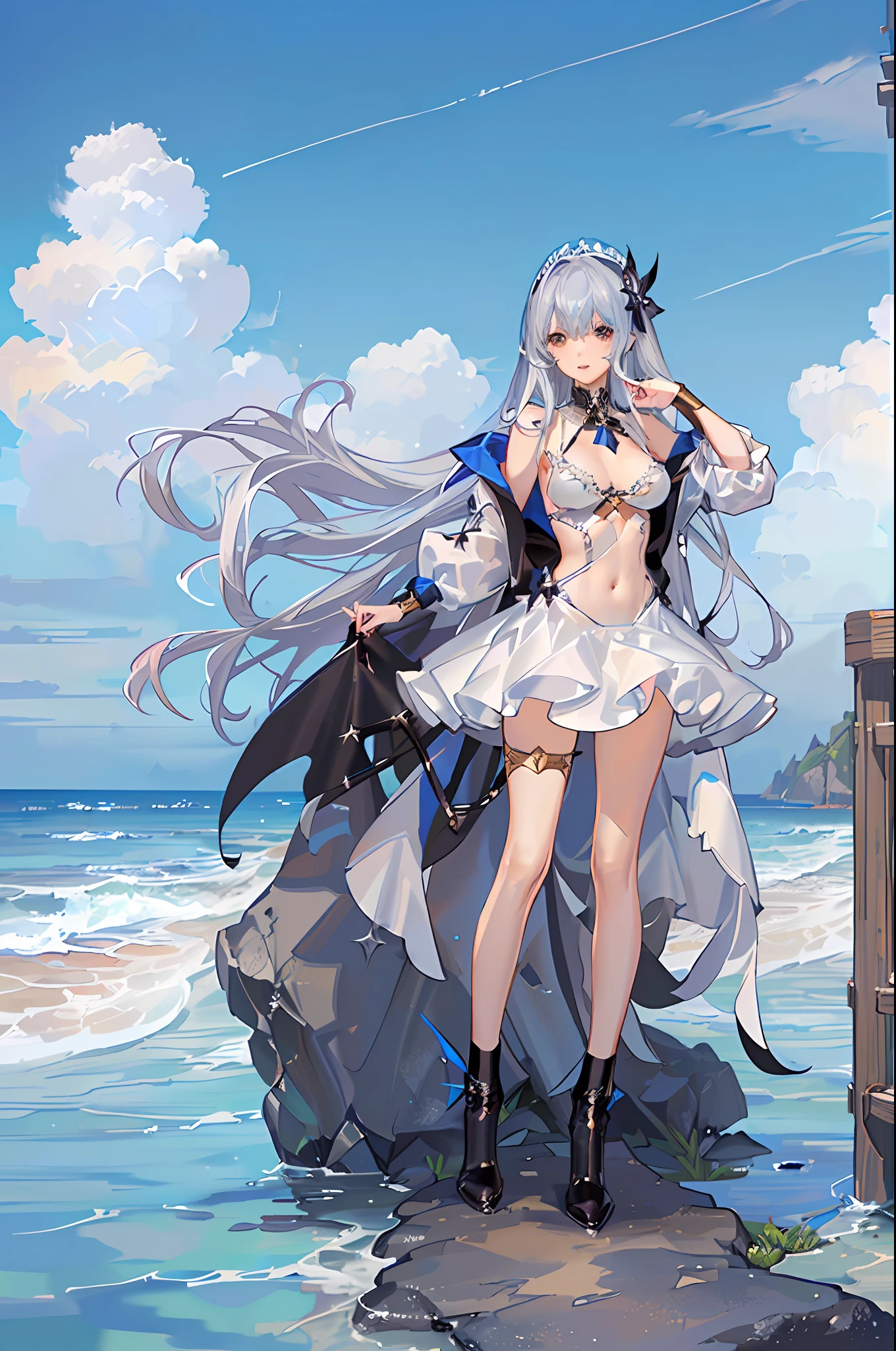womanstanding on the beach,azure ocean,standing beside the ocean,((bronya zaychik silverwing)),one hand on hips,as a character of final fantasy xiv,heeled boots,(full body:1.2),(ultra-detailed:1.3),full body,(Golden Ratio:1.2),long silver hair,(white bra+dark blue dress+white coat)
