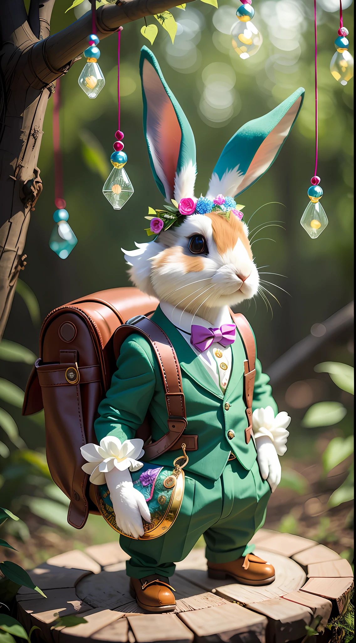 there is a rabbit that is dressed in a suit and tie, her fluffy white tail bobbing behind her, ornate cosplay, anthropomorphic rabbit, lagus the thieving bunny, rabbt_character, hyperdetailed fantasy character, portrait shot, masterpiece anthro portrait, cute anthropomorphic bunny, detailed portrait shot, astri lohne, bunny suit, captured on canon eos r 6