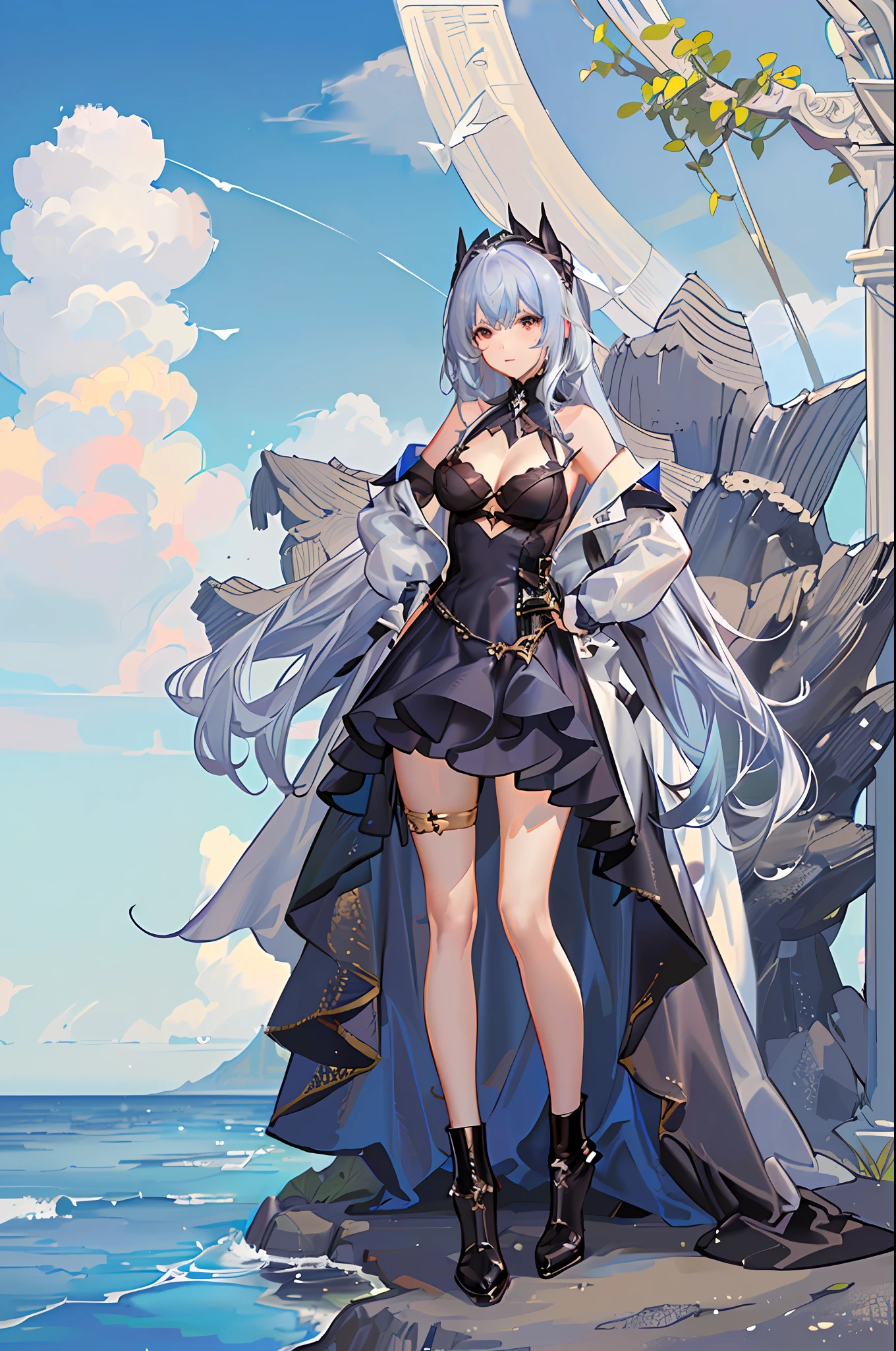 womanstanding on the beach,azure ocean,standing beside the ocean,((bronya zaychik silverwing)),one hand on hips,as a character of final fantasy xiv,heeled boots,(full body:1.2),(ultra-detailed:1.3),full body,(Golden Ratio:1.2),long silver hair,(white bra+dark blue dress+white coat)