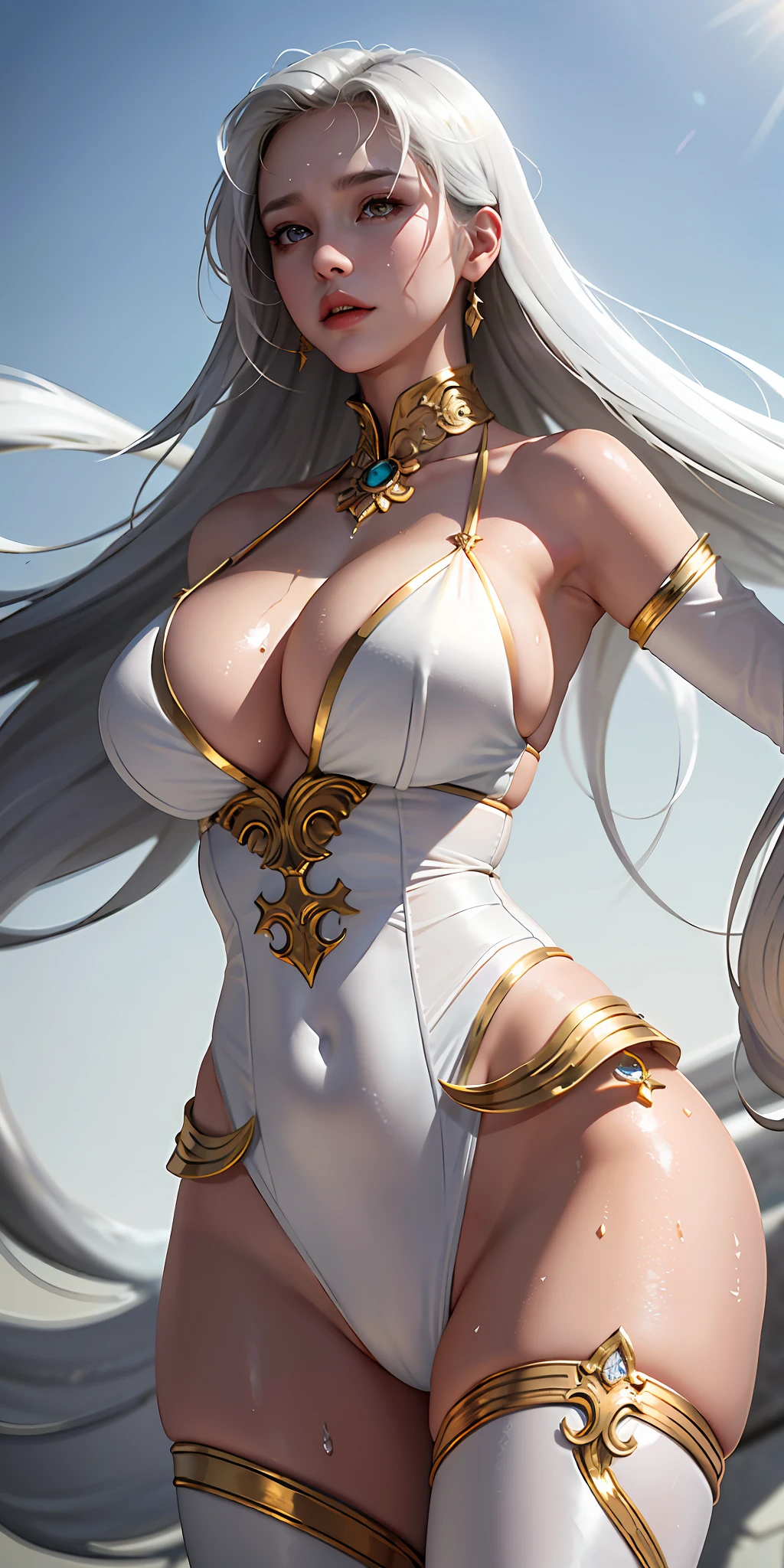 Top quality, masterpiece, gold-eyed, white sexy clothes, look up, fair skin, side blades, huge breasts, stunning lower body, wavy light gray hair, raised bikini, metal accessories, one girl, imitation cleavage, sweaty skin, wide open legs, hands in the crotch