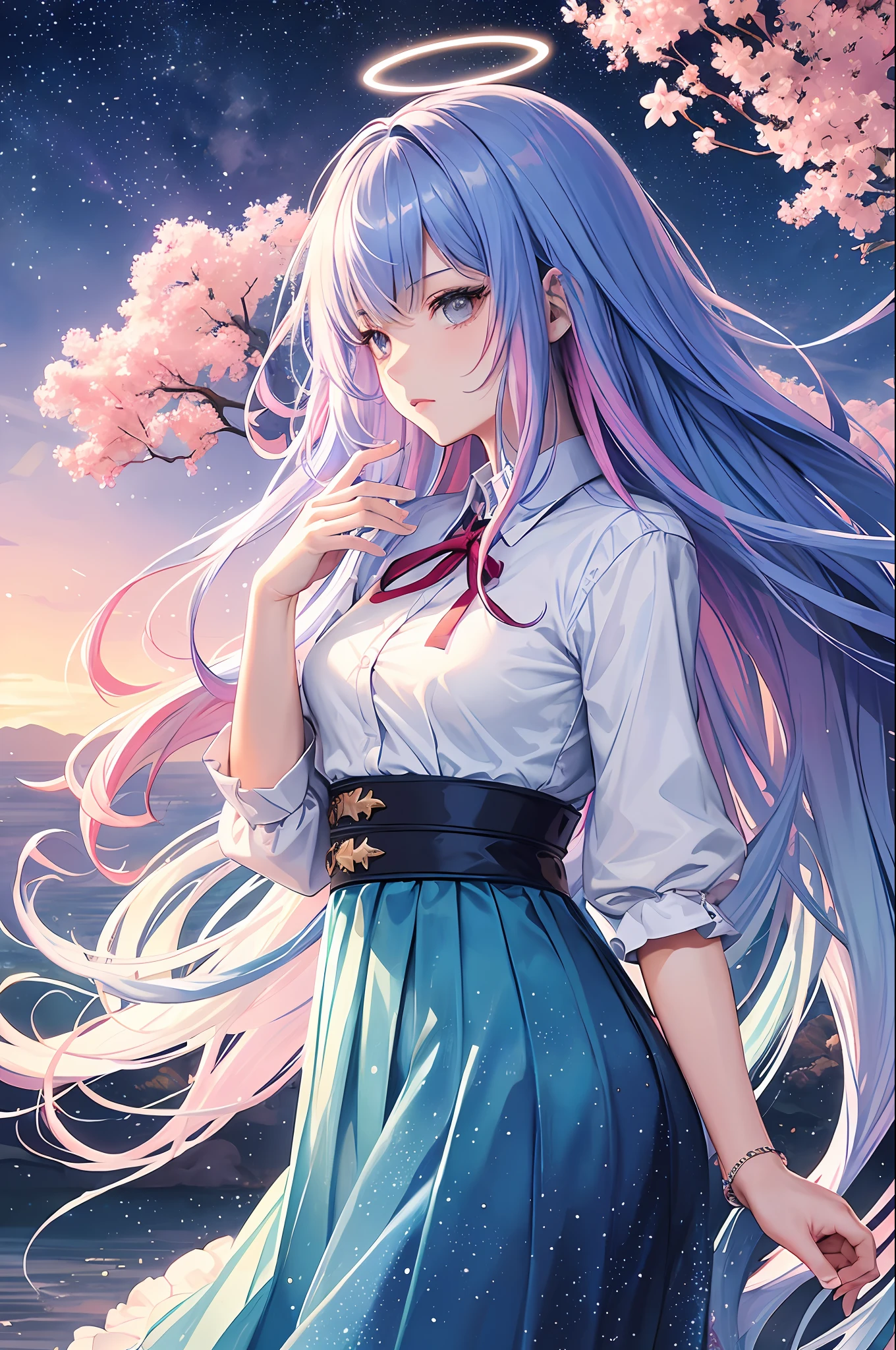 (Masterpiece, Top Quality, Best Quality, Watercolor (Medium), Official Art, Beautiful and Aesthetic: 1.2), (1 Girl: 1.3), (Fractal Art: 1.3), Upper Body, From the Side, Look at the Viewer, Pattern, (Iridescent Hair, Colorful Hair, Half Blue and Half Pink Hair: 1.2), Water, Liquid, Clouds, Colorful, Starry Sky, Stars, School Uniform, Angry Face, Halo, Meteor