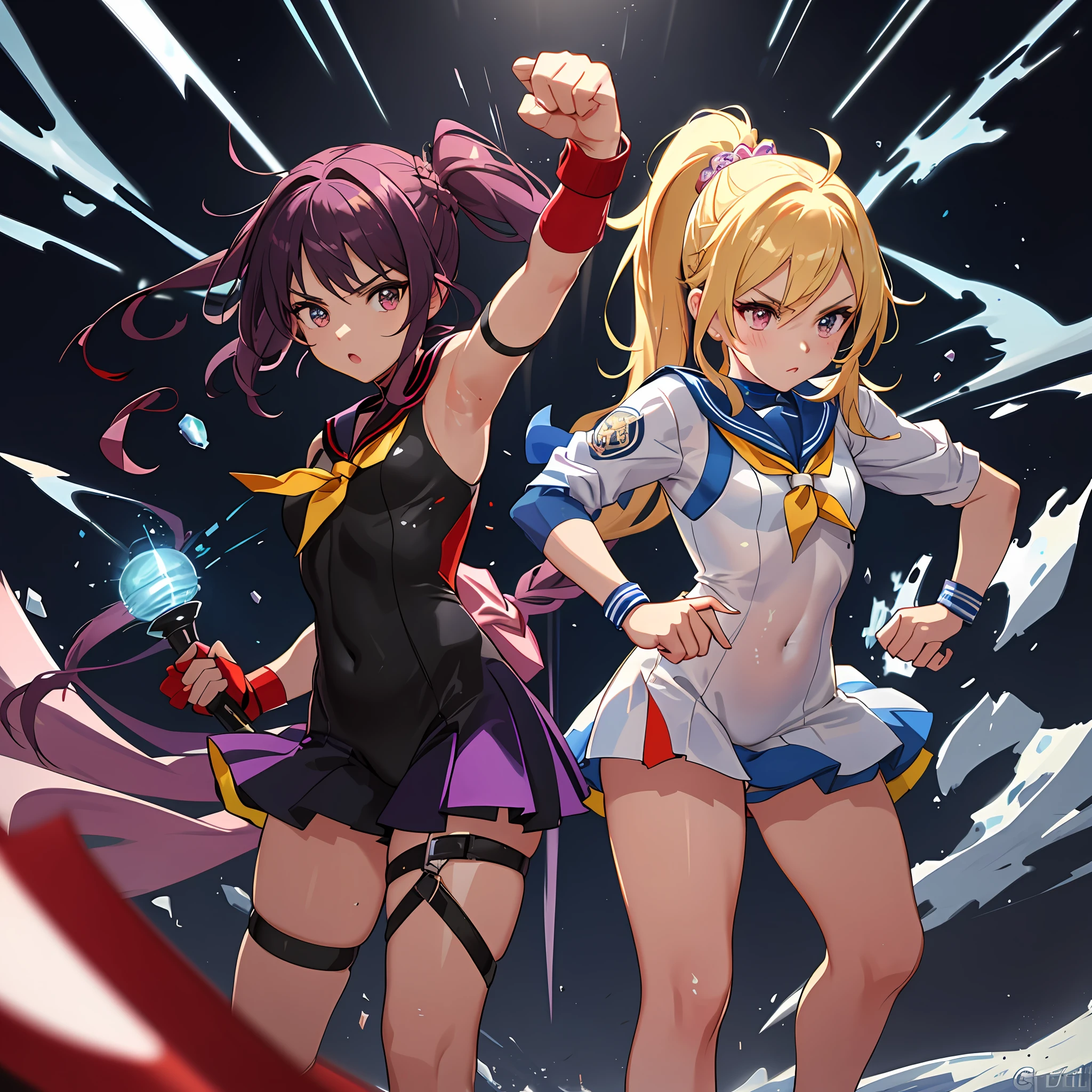 Fist and fist clashes, duels, rivals, complex and colorful effects in the background, two girls, bodysuit and sailor suit fusion, sailor suit and bodysuit fusion, small, pigtails, female brat, thick eyebrows, thin waist, beautiful blonde, braid, (masterpiece), ((highest quality)), (super detailed), girl, clean and detailed face, five fingers, textile shading, perfect anatomy,