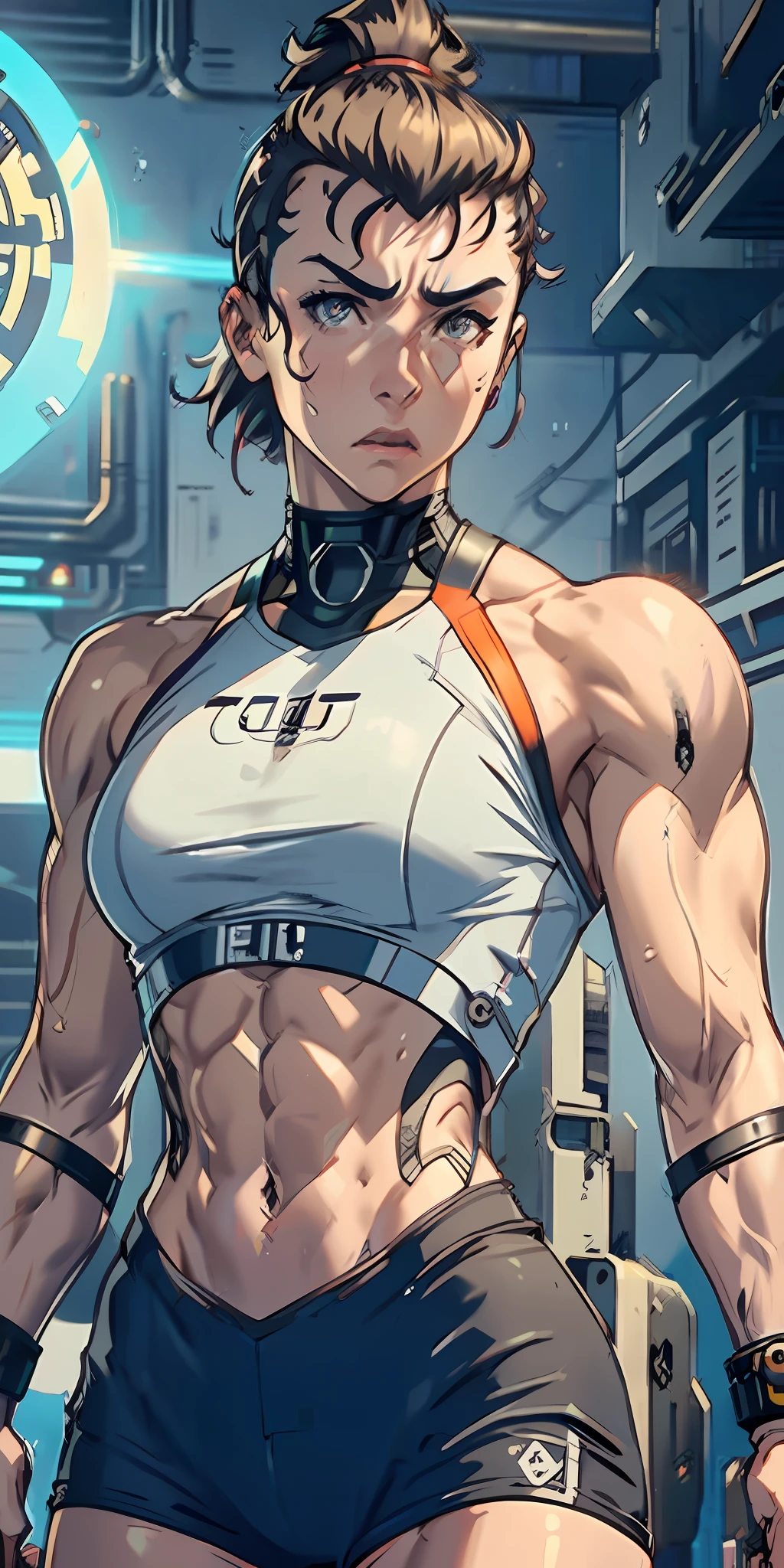 adult, girl face, serious face, anger, angry, hair: mohawk, robotic parts, cybernetic, futuristic, cyberpunk, perfect body, fit body, muscular, small chest, big arms, broad shoulders, big thighs, boxing uniform, background: futuristic city,