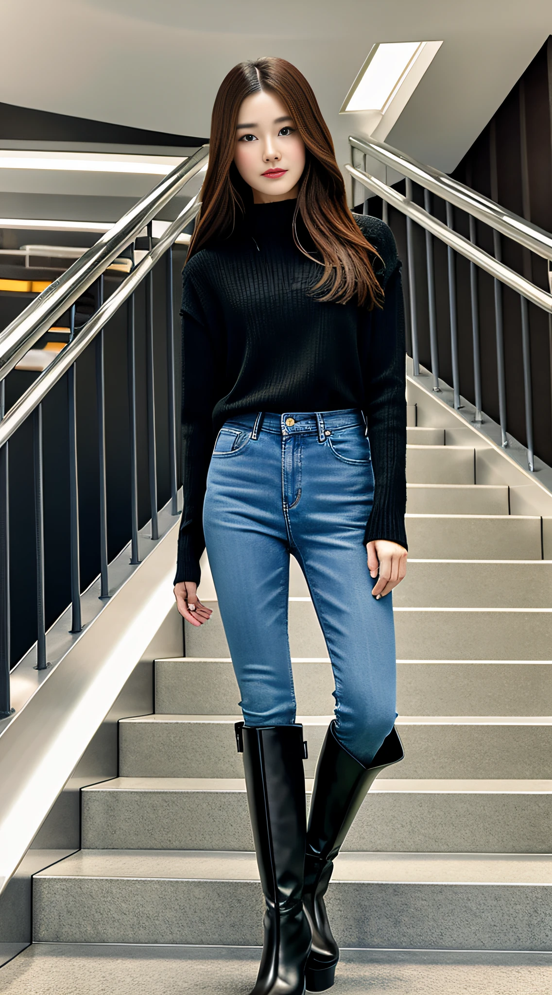 [One, Perfect Female Face, Perfect Body: 0.96, Big Breasts: 1.65, Brown Hair: 0.6, Female: 0.65, Slimming Face: 1.12, Star Face: 0.71, Medium Long Hair], [Long Boots: 0.65, High Heeled Boots: 0.78, Platform Boots: 0.23, Platform Boots: 0.66, Wedge Boots: 0.32], (Silver Armor, Metal Armor, Steel Armor, Ceramic Robot: 1.2, Robot: 1.6, Mechanical body: 1.2, Chip: 1.4, Cable: 1.4, Lace: 0. 65, Facial Muscle: 0.8, Octane Rendering: 0.25, Mechanical Joint: 1.6, Gear Joint: 1.6, Mechanical Joint: 1.4, Mechanical Arm: 1.4, Robotic Arm: 1.4, Mechanical Knee: 1.4, Robotic Knee: 1.4, Mechanical Elbow: 1.3, Mechanical Thigh: 1.4, Mechanical Thigh: 1.4, Metal Thigh: 1.4, Metal Material: 1.45, Metal Armor: 1.4, Metal Armor: 1.4, Metal Mech: 1.4, Metal Thigh: 1.4, Metal Armarm: 1.5 , Mechanical Long Calf: 1.2, Mechanical Foot: 0.96, Mechanical Prosthesis: 1.2), [Background in Mall, Standing, Indoors, Background Escalator, Background Shelf, Soft Light], [Ultra HD, Retina Screen, Masterpiece, Accurate, Anatomically Correct: 1.2, Skin Texture: 0.65, Very Detailed: 1.3, Detailed Face: 1.2, High Detail: 1.2, High Quality, Best Quality, High Resolution, 8K, Wallpaper]