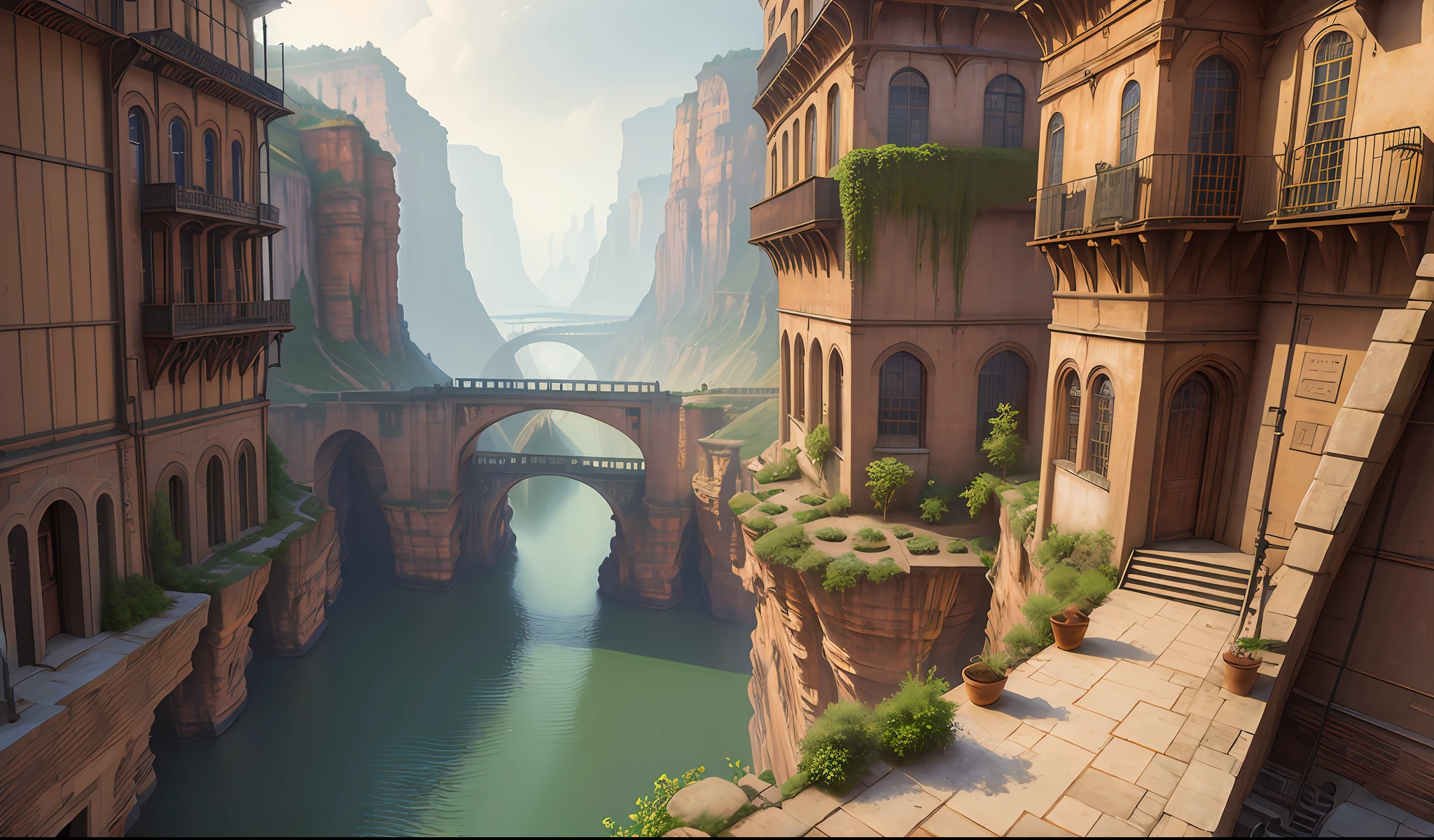 ((masterpiece)),((best quality)),((high detial)),((realistic,)) Industrial age city, deep canyons in the middle, architectural streets, bazaars, Bridges, rainy days, steampunk, European architecture
