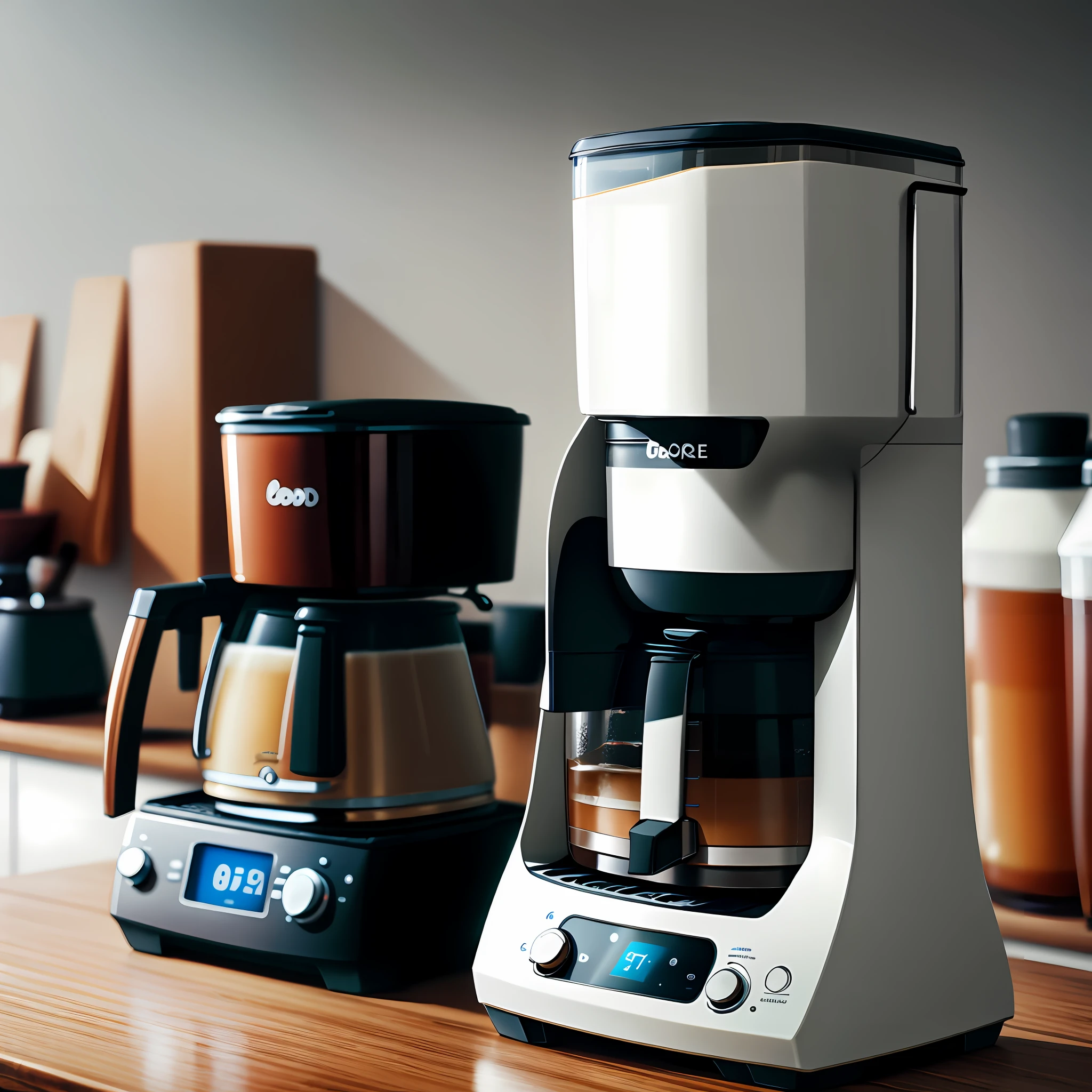 Product Photography, coffee maker, coffee shop, modern, cinematic lighting, clear object, sharp focus, depth of field, bright tone