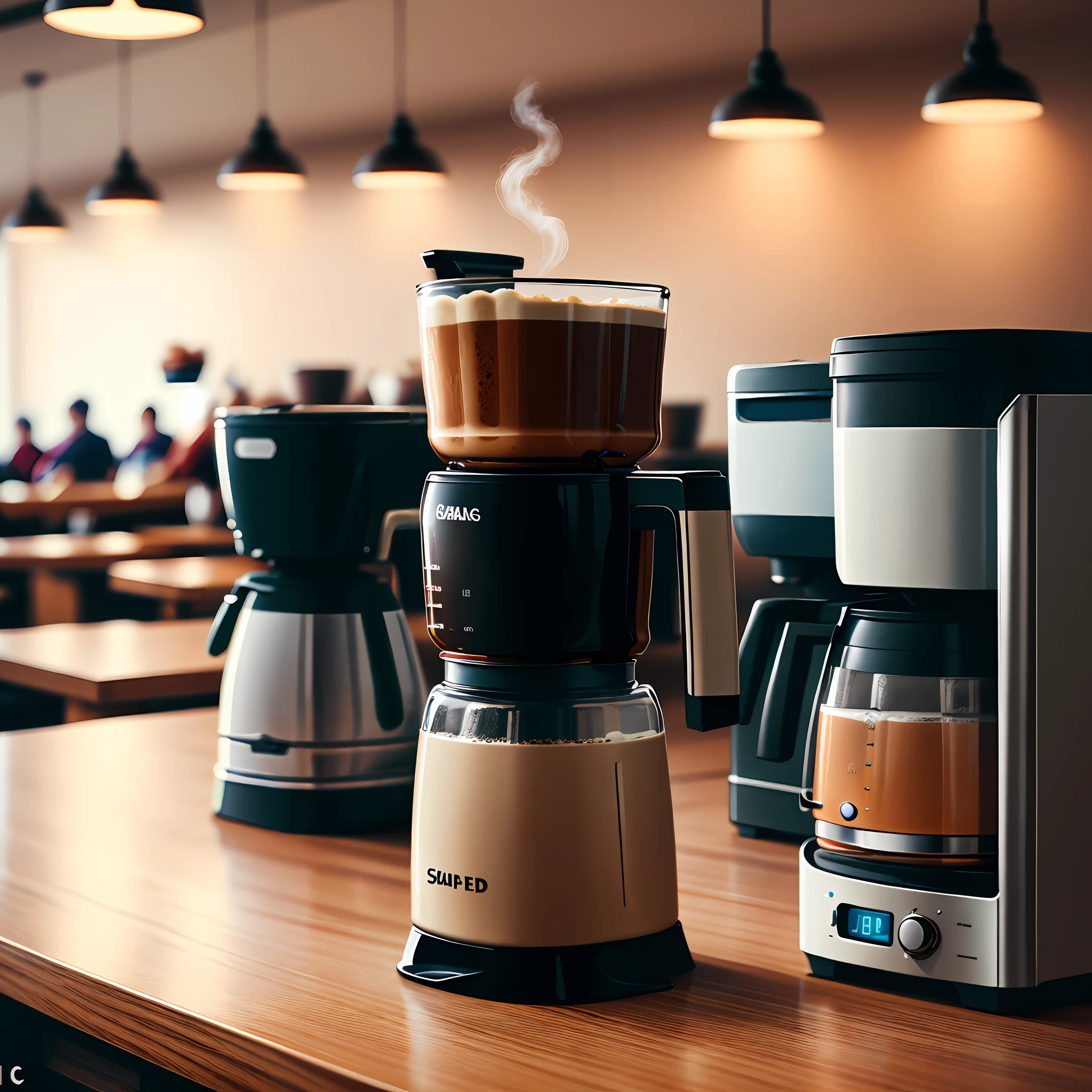 Product Photography, coffee maker, coffee shop, modern, cinematic lighting, clear object, sharp focus, depth of field, bright tone