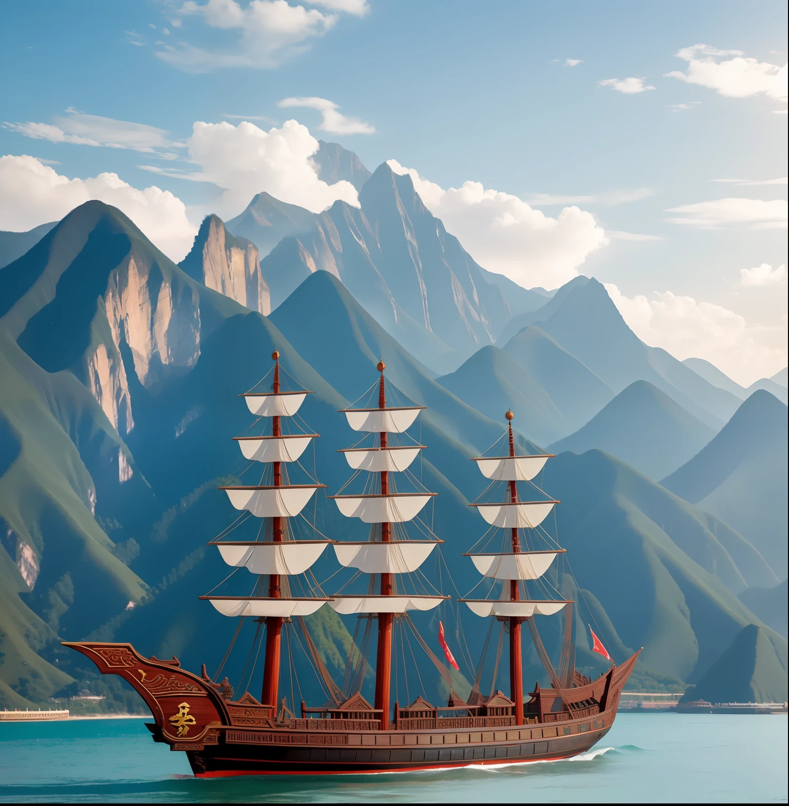 Zheng He's Treasure Ship, Ming Dynasty Baochuan, 张郑和的宝船明朝宝船, With mountains in background.