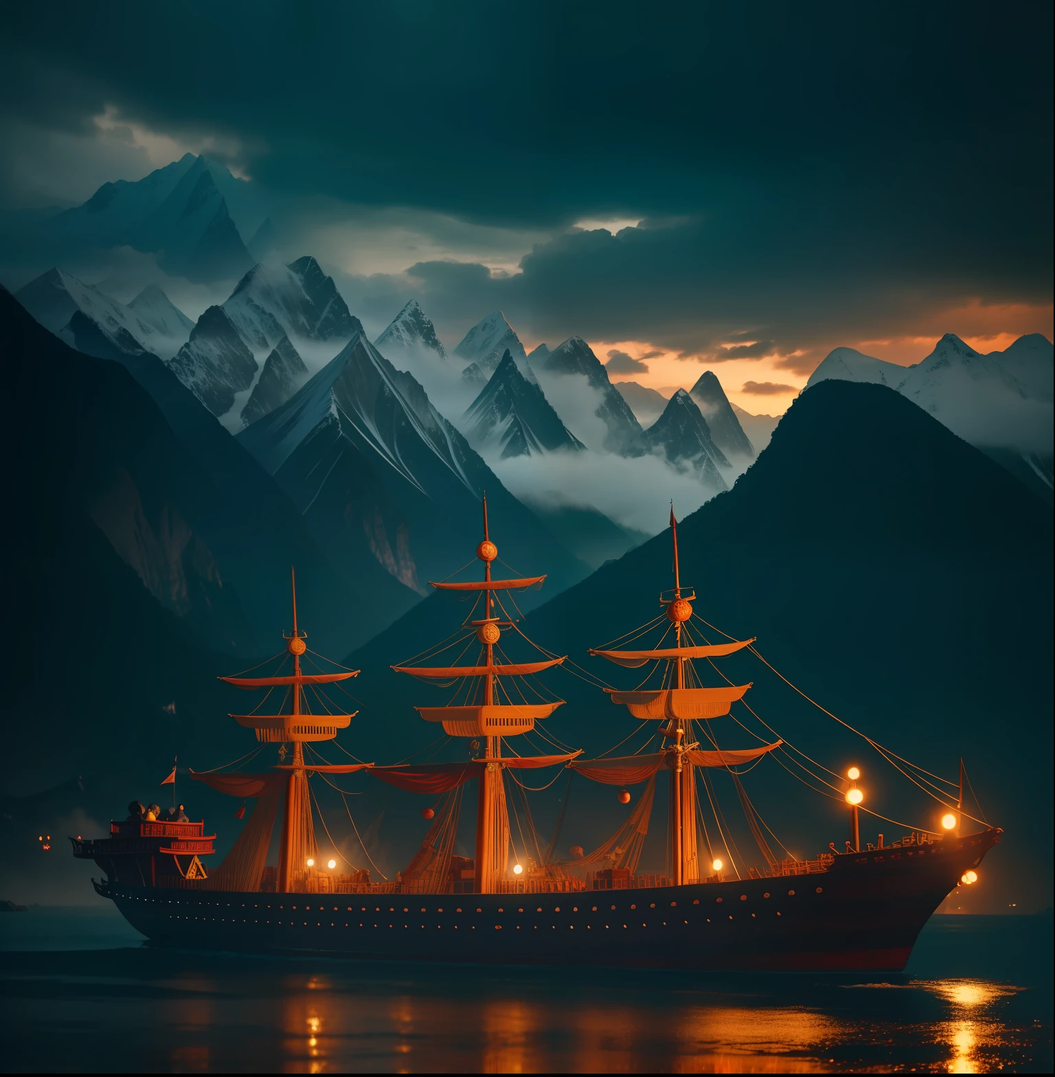 Zheng He's Treasure Ship, Ming Dynasty Baochuan, 张郑和的宝船明朝宝船, With mountains in background. high resolution, detailed, raw photo, sharp re, by lee jeffries nikon d850 film stock photograph 4 kodak portra 400 camera f1.6 lens rich colours hyper realistic lifelike texture dramatic lighting unrealengine trending on artstation cinestill 800,