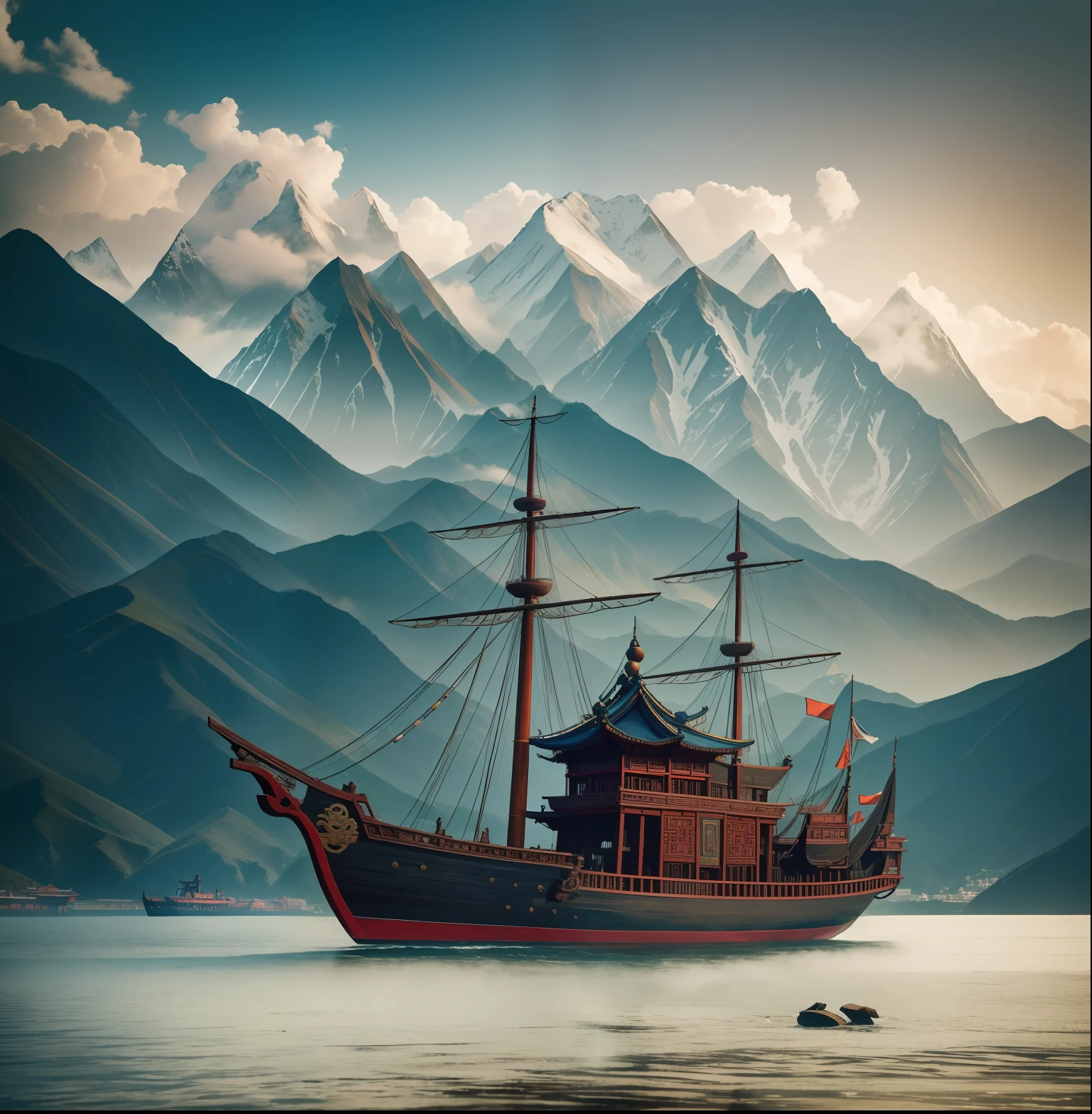 Zheng He's Treasure Ship, Ming Dynasty Baochuan, 张郑和的宝船明朝宝船, With mountains in background. high resolution, detailed, raw photo, sharp re, by lee jeffries nikon d850 film stock photograph 4 kodak portra 400 camera f1.6 lens rich colours hyper realistic lifelike texture dramatic lighting unrealengine trending on artstation cinestill 800,