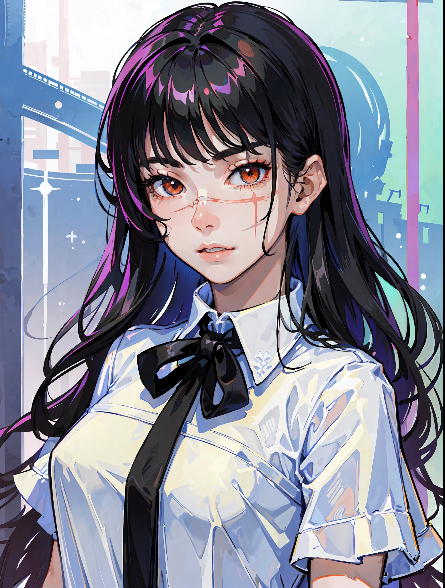 ((masterpiece, best quality)), (1girl), (solo), (female focus), yoru \(chainsaw man\),(very detailed face, real image, realistic white skin, realistic body, intricate details), upper body, focus on face, intimidating look, school uniform, black pinaphore dress, shirt, neck ribbon, long shaggy hair, small breasts,