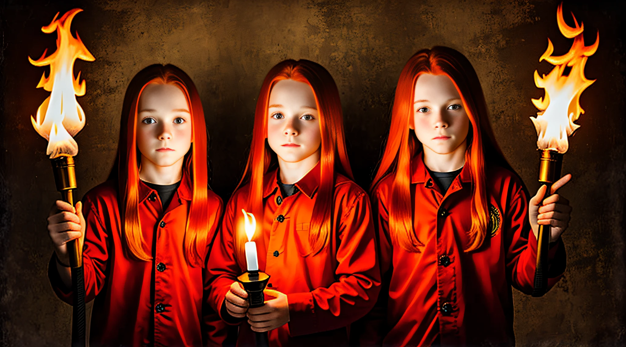 boys children REDHEADS WITH LONG STRAIGHT HAIR, WITH FIRE TORCHES IN HAND, RED BACKGROUND,
