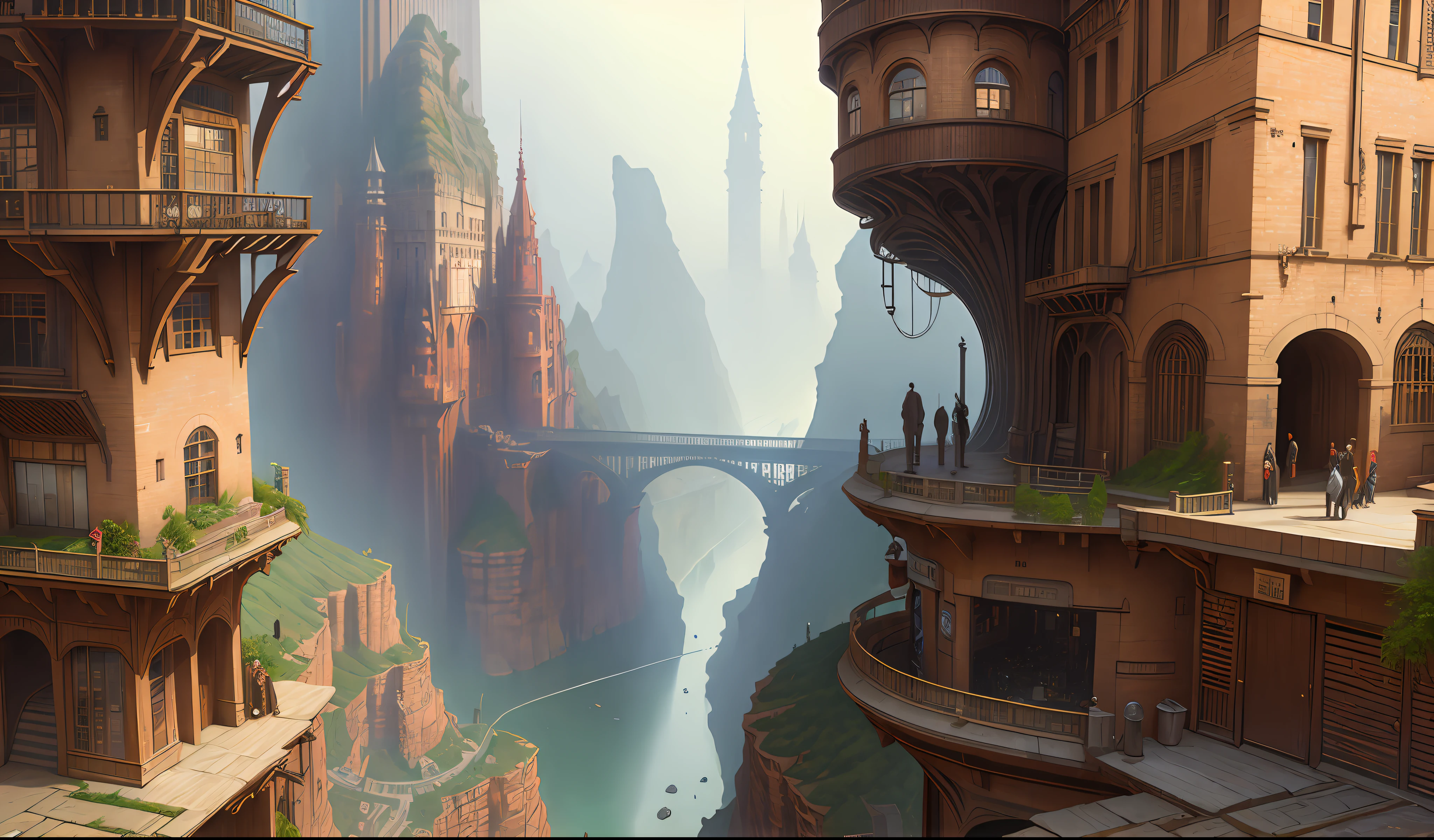 ((masterpiece)),((best quality)),((high detial)),((realistic,)) Industrial age city, deep canyons in the middle, architectural streets, bazaars, Bridges, rainy days, steampunk, European architecture