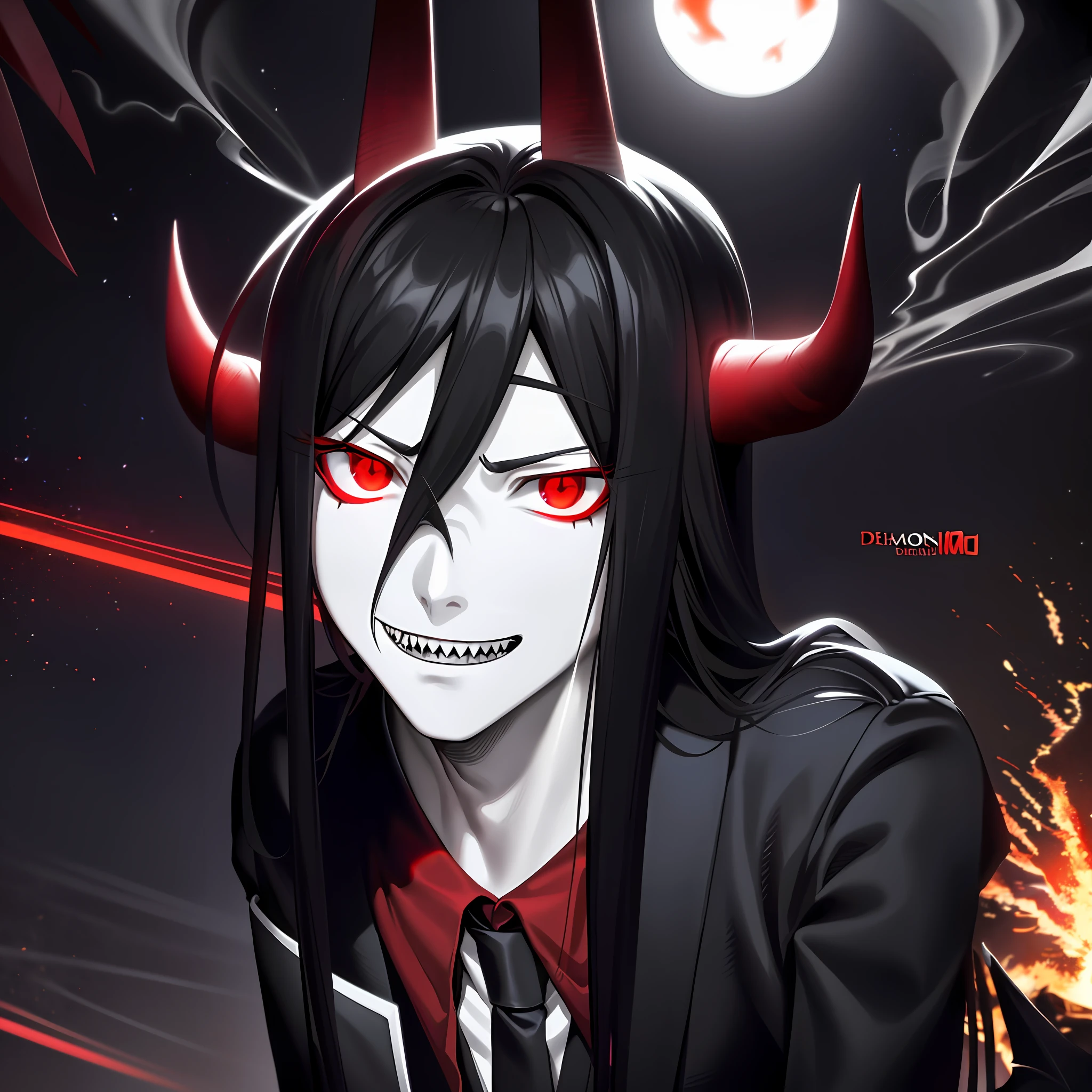 "(Anime:1.2)chainsaw man, (demon:1.5) with dynamic poses and actions, intense scene, high contrast and saturation, (red eyes:1.3), black and white clothes, sharp teeth, macabre smile night scene with (twinkling stars:1.2) and (a full moon in the background:1.2), (smoke:1.3) and (explosions of fire:1.4)"