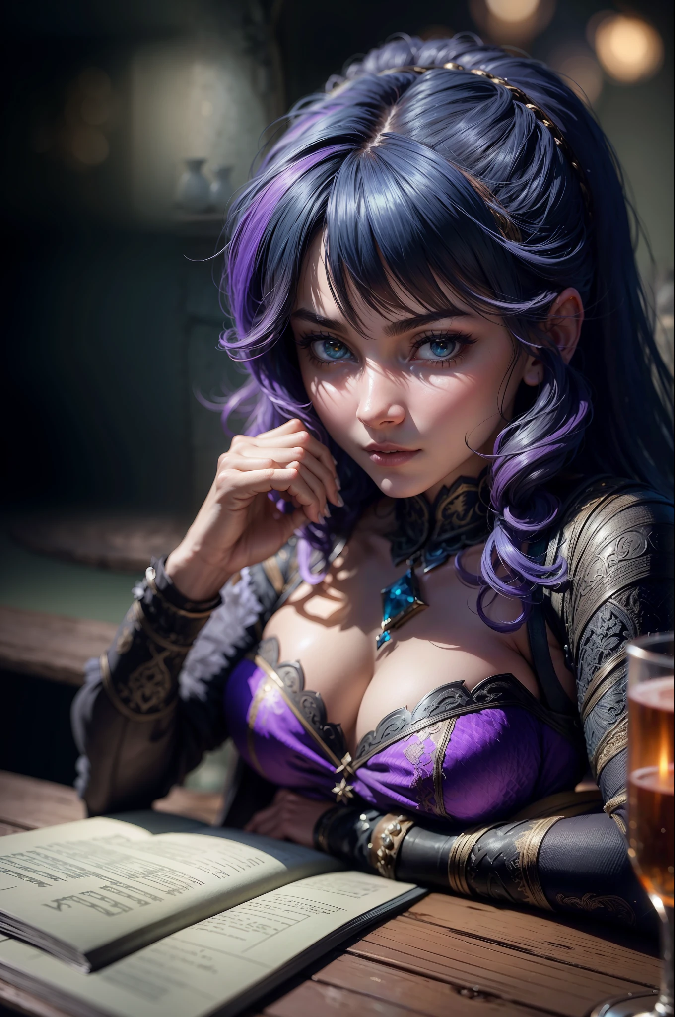 f/2.8, ultra insane high resolution intricate textures, texture indentation, perfect perspective, perfect geometry, ultra insane ambient lighting, ultra insane ambient shadows, insane RTX, ultra detailed busy tavern background, there is a woman sitting at a table with a glass of wine in a medieval dimly warm-lit cozy tavern, at night, near fireplace, fantasy character photo