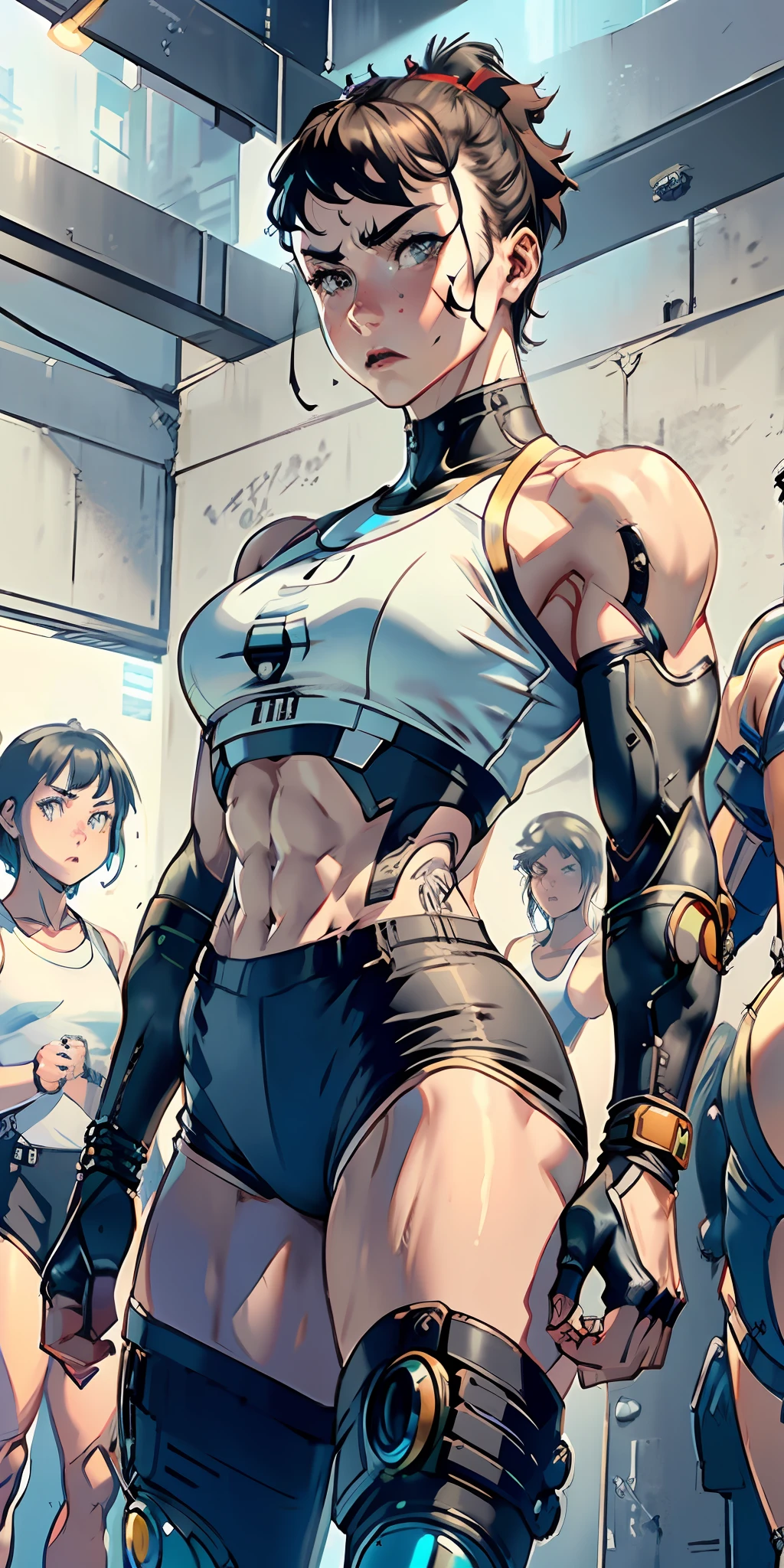 adult, girl face, serious face, anger, angry, hair: mohawk, robotic parts, cybernetic, futuristic, cyberpunk, perfect body, fit body, muscular, small chest, big arms, broad shoulders, big thighs, boxing shorts, boxing gloves background: futuristic city, fighting