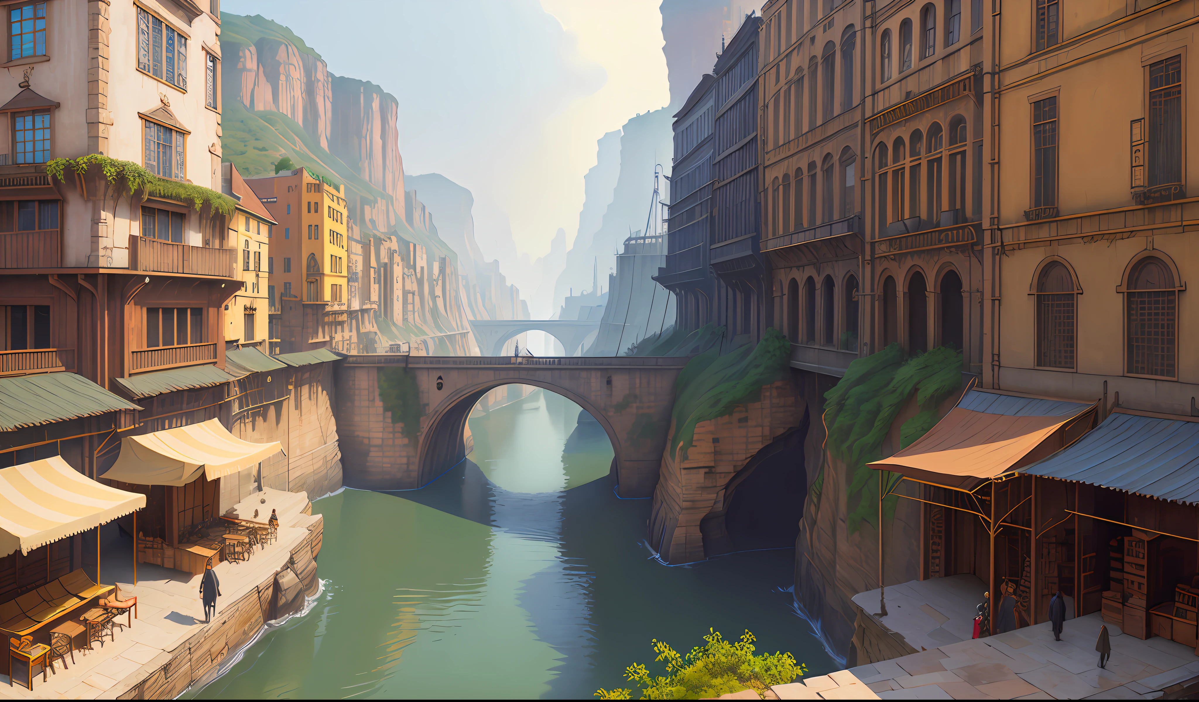 ((masterpiece)),((best quality)),((high detial)),((realistic,)) Industrial age city, deep canyons in the middle, architectural streets, bazaars, Bridges, rainy days, steampunk, European architecture