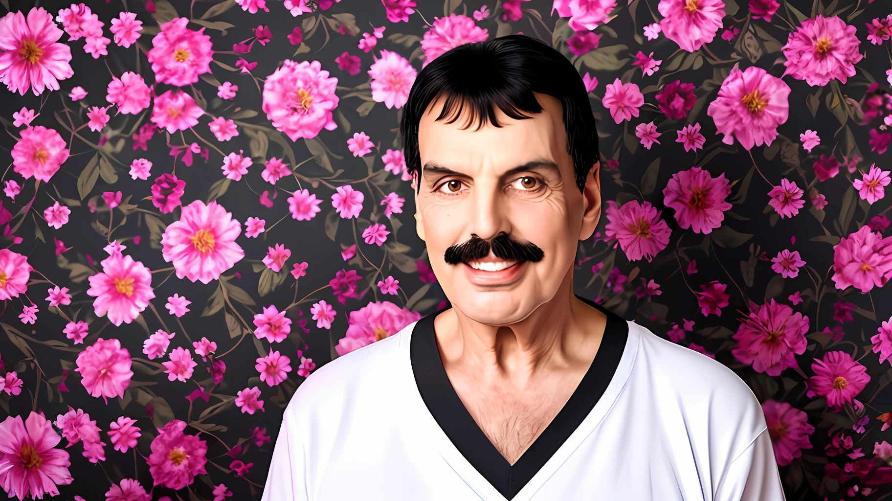 Freddie Mercury, 76 Years Old Elderly Person Looking, Photography, Smiling, Flowery Background, 4k Image