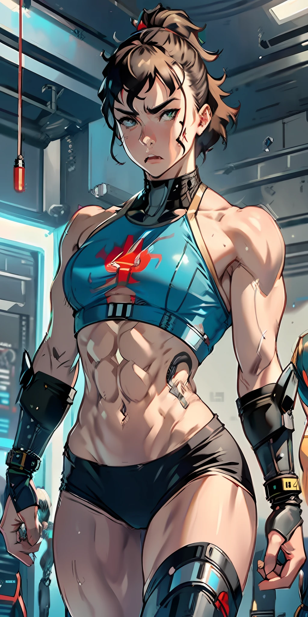 adult, girl face, serious face, anger, angry, hair: mohawk, robotic parts, cybernetic, futuristic, cyberpunk, perfect body, fit body, muscular, small chest, big arms, broad shoulders, big thighs, boxing shorts, boxing gloves background: futuristic city, fighting