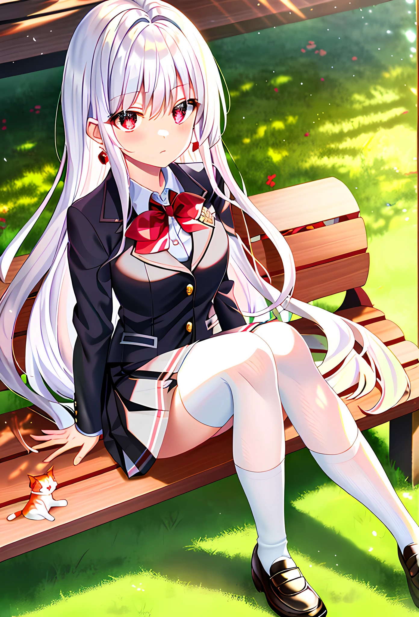(masterpiece, reflections, atmospheric lighting, dynamic lighting), best quality, 1girl, white hair, luscious long semi-curly hair, deep ruby red eyes, glowing red cat eyes, sharp black cat iris eyes, delicate fingers, delicate legs, blushing, standing up, red gem dangling earrings, summer school uniform, preppy school uniform, black school jacket, white school shirt, black checkered school skirt, black knee high socks, brown school shoes, summer, sun rays, wooden bench with moss growing on it, grass field with flowers