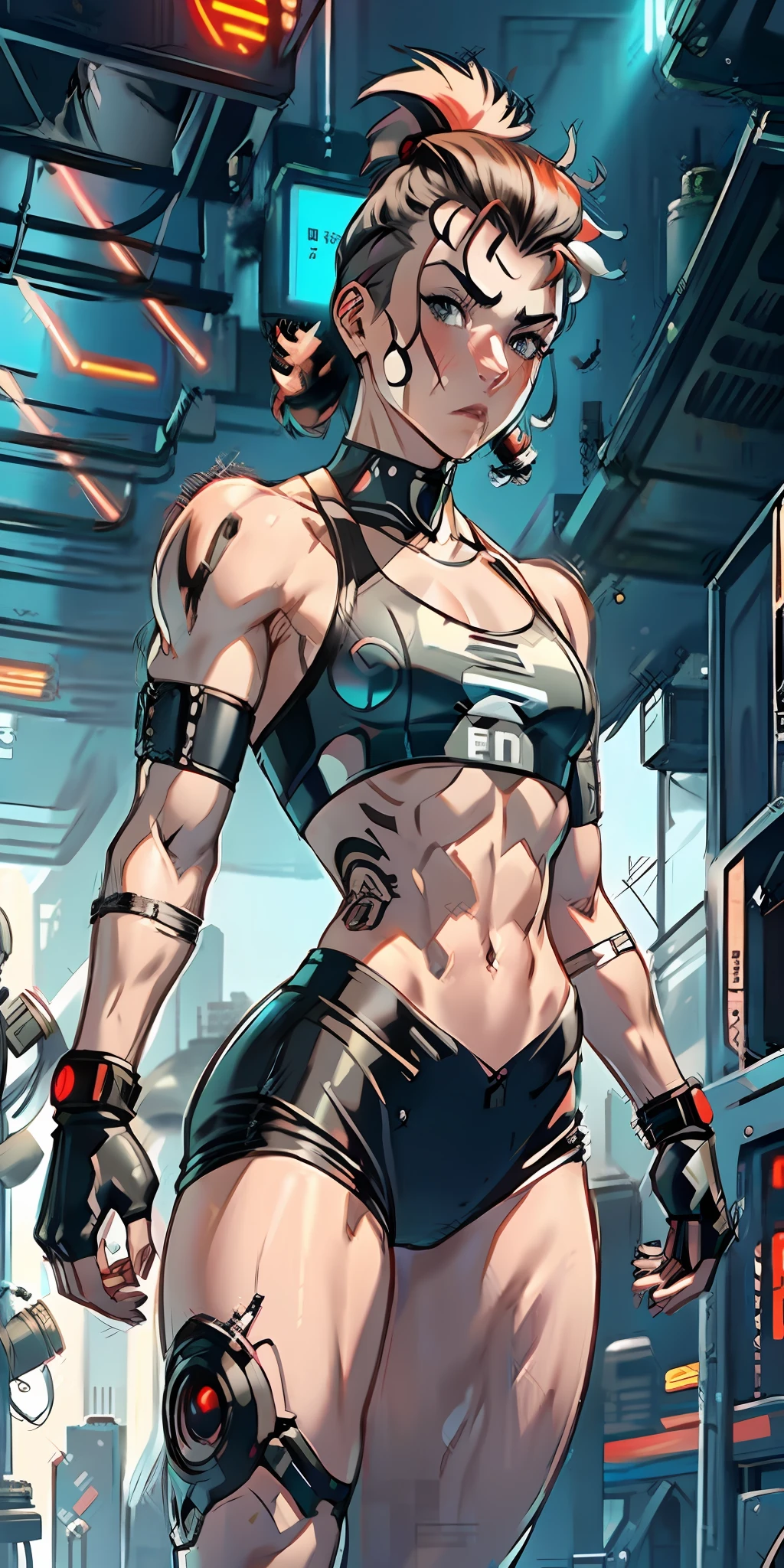 adult, girl face, serious face, anger, angry, hair: mohawk, robotic parts, cybernetic, futuristic, cyberpunk, perfect body, fit body, muscular, small chest, big arms, broad shoulders, big thighs, boxing shorts, boxing gloves background: futuristic city, fighting pose