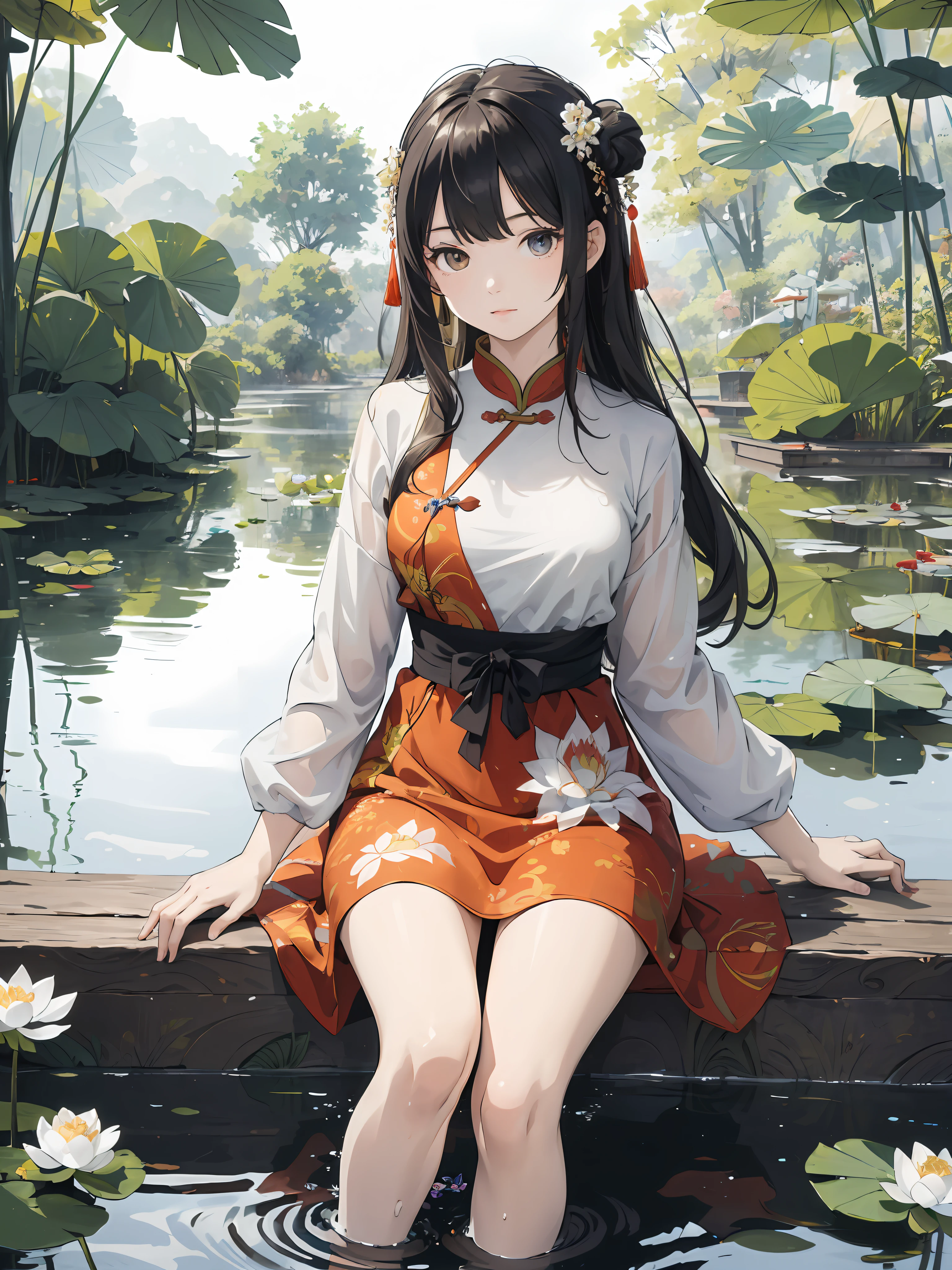 absurdres, highres, ultra detailed, (1girl:1.3), hand drawn, simple line, 16yo girl in colorful Chinese dress, beautiful girl, at the lotus pond, masterpiece, sitting in water, floating clothes, floating hair