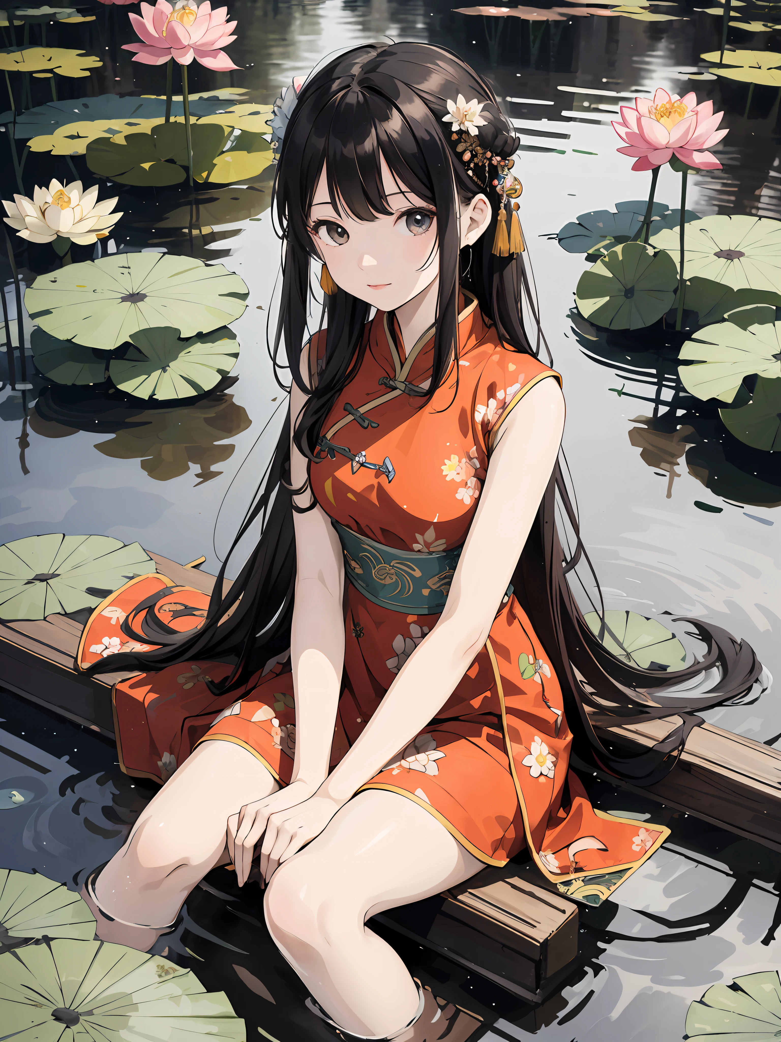 absurdres, highres, ultra detailed, (1girl:1.3), hand drawn, simple line, 16yo girl in colorful Chinese dress, beautiful girl, at the lotus pond, masterpiece, sitting in water, floating clothes, floating hair