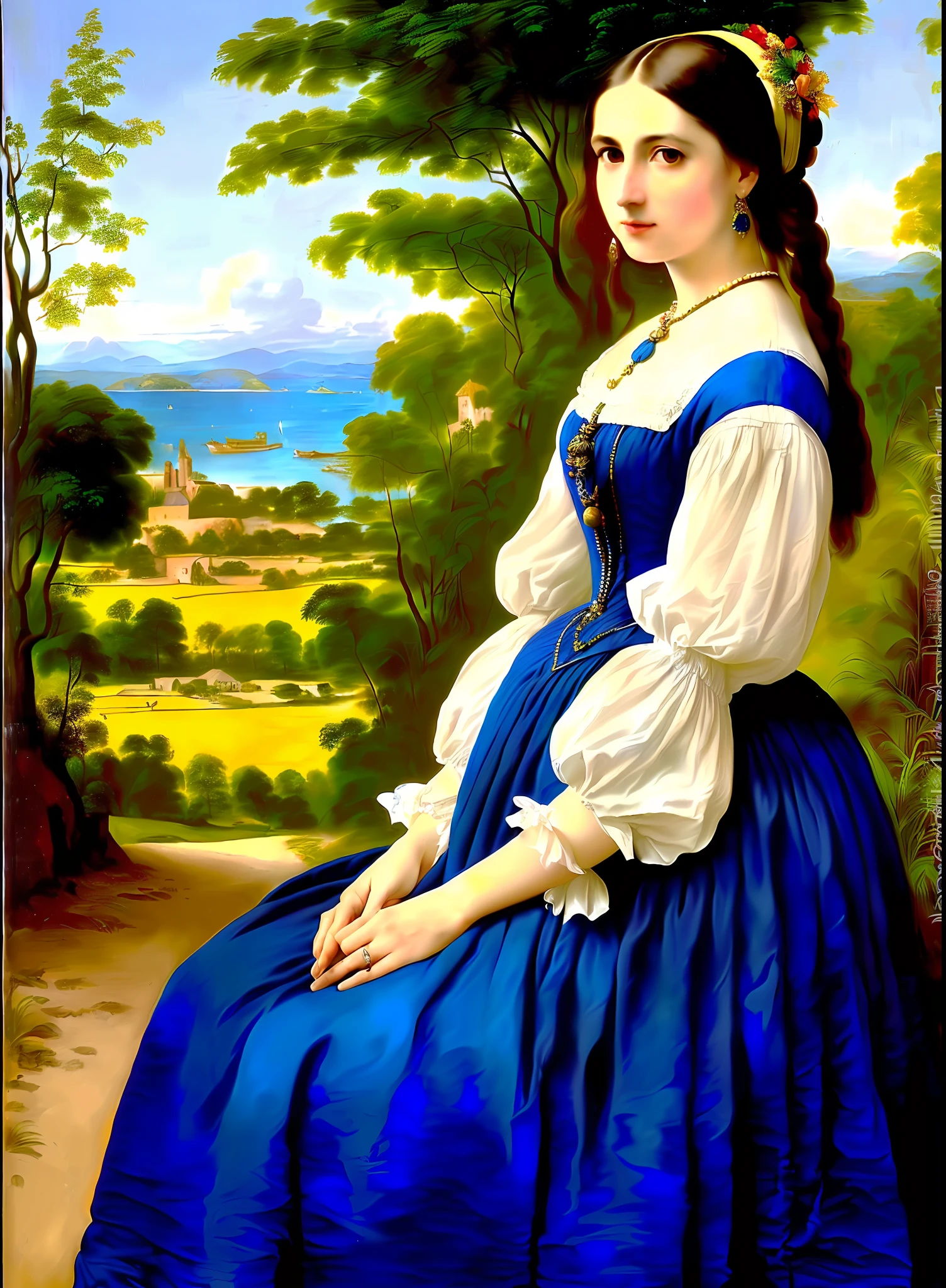 Brazilian woman, long dress, realism, photo, high details, 19th century, Victorian fashion, with plenty of colors and a tropical landscape background, oil painting in the style of Johannes Vermeer, 16k