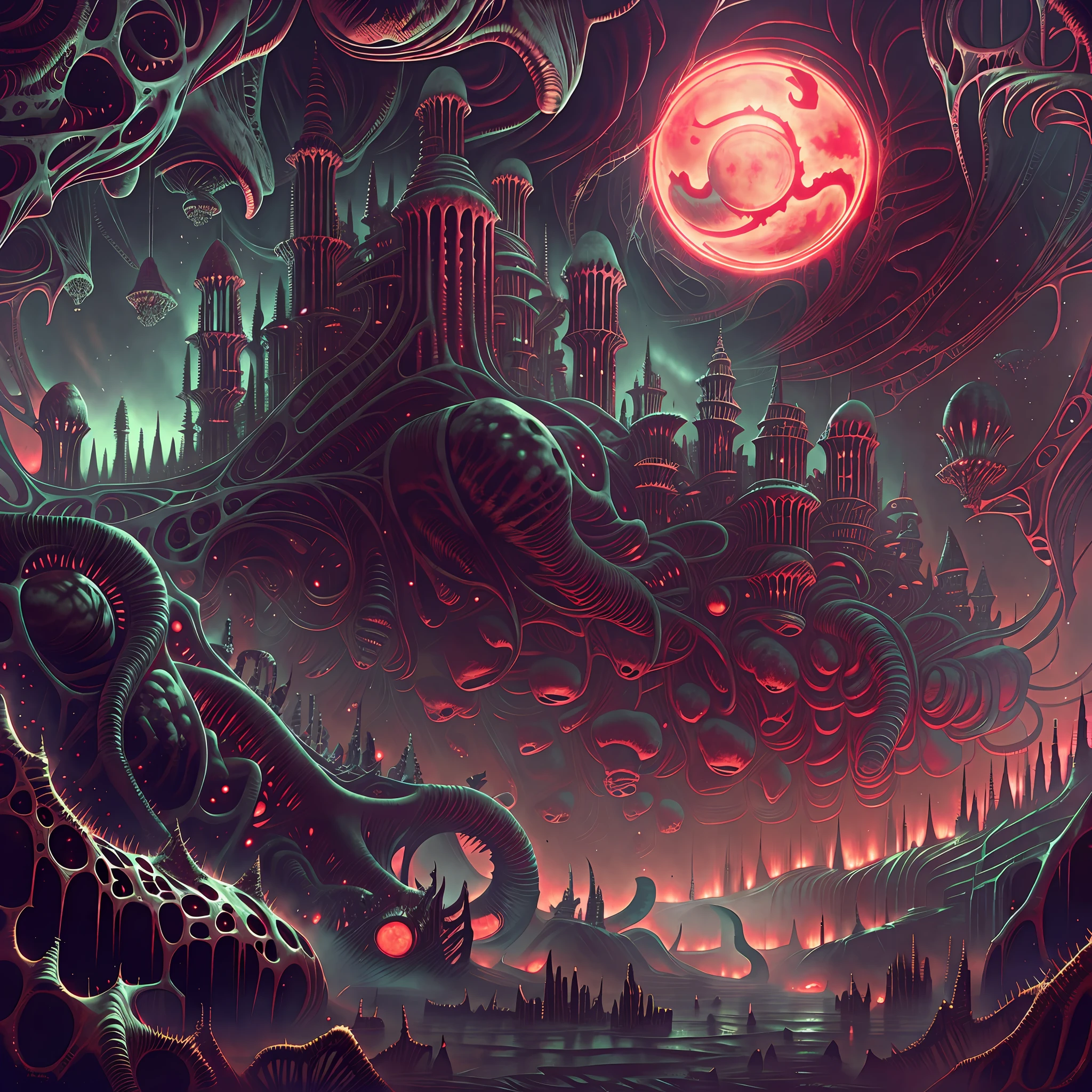 Wide angle, underground dark valley, biomechanical buildings, Intrincated evil sculptures, ruins and thorns and obscure walls. Satanic temple, pentagram on the ground and polluted river, obscured by the sun. Horror art, hyperdetailed painting, color drawing. Art by Dan Seagrave