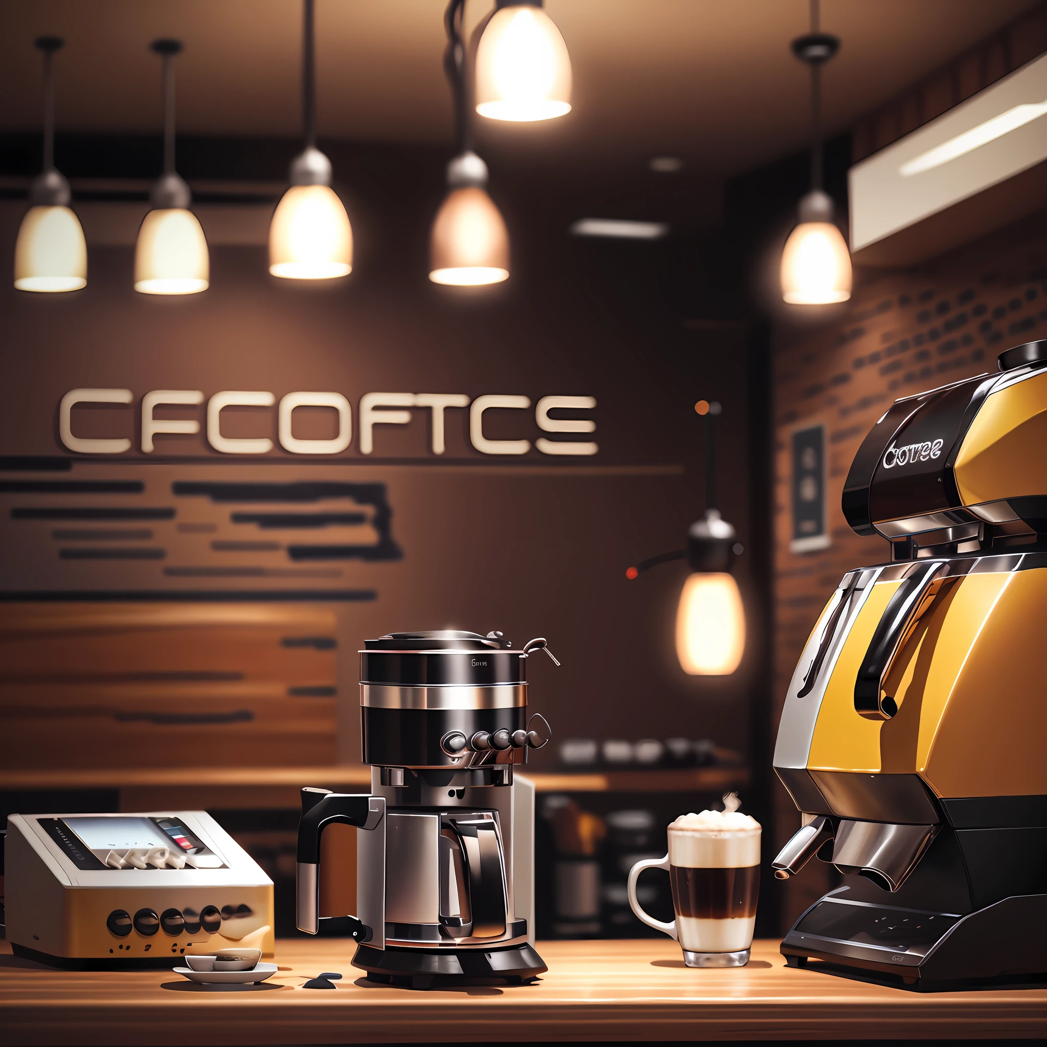 Product Photography, coffee machine, coffee shop, modern, cinematic lighting, clear object, sharp focus, depth of field, bright tone