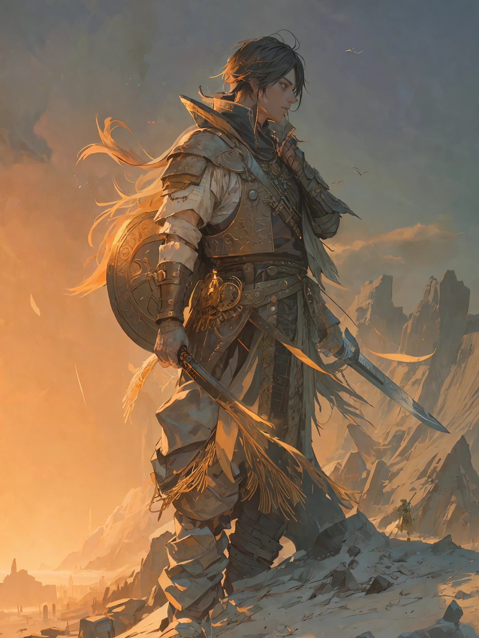 Arafed Image of a young Viking man with a shield and a sword standing on a rock, Peter Mohrbacher style, Peter Mohrbacher Artstyle, Peter Mohrbacher. Unreal Engine, Peter Mohrbacher C 2 0, inspired by Noah Bradley, style by Peter Mohrbacher, Peter Mohrbacher Donato Giancola, Mohrbacher