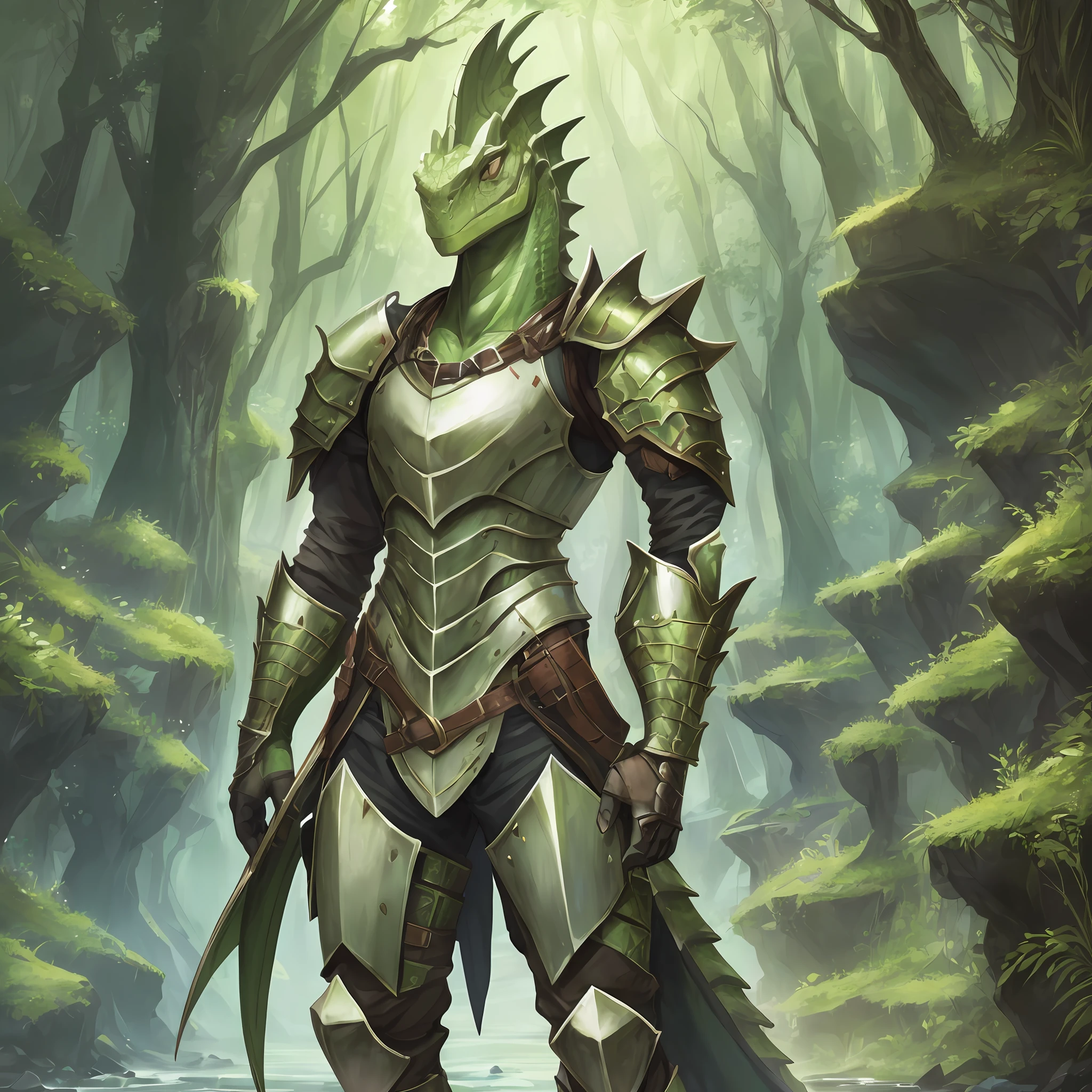 (single anthropomorphic dnd lizardfolk bard, no-nipples, nippleless, no duplicate, no duplicate eyes, no duplicate head, he has one large scaly fin starting from his head and extending down slightly onto his neck and torso, The crest should stand out, no ears, earless, no wings, wingless, no horn, hornless, upright posture, male, reptilian long tail, charismatic, he is wearing a fullplate armor) (#E4FFD1 skin: 0.3, scaly skin: 0.1), (human face: 0.3, lizard face: 0.1)), facing the camera, over_grown, fantasy, fantastic, 8K resolution, unreal engine, realistic anthropomorphism --auto --s2