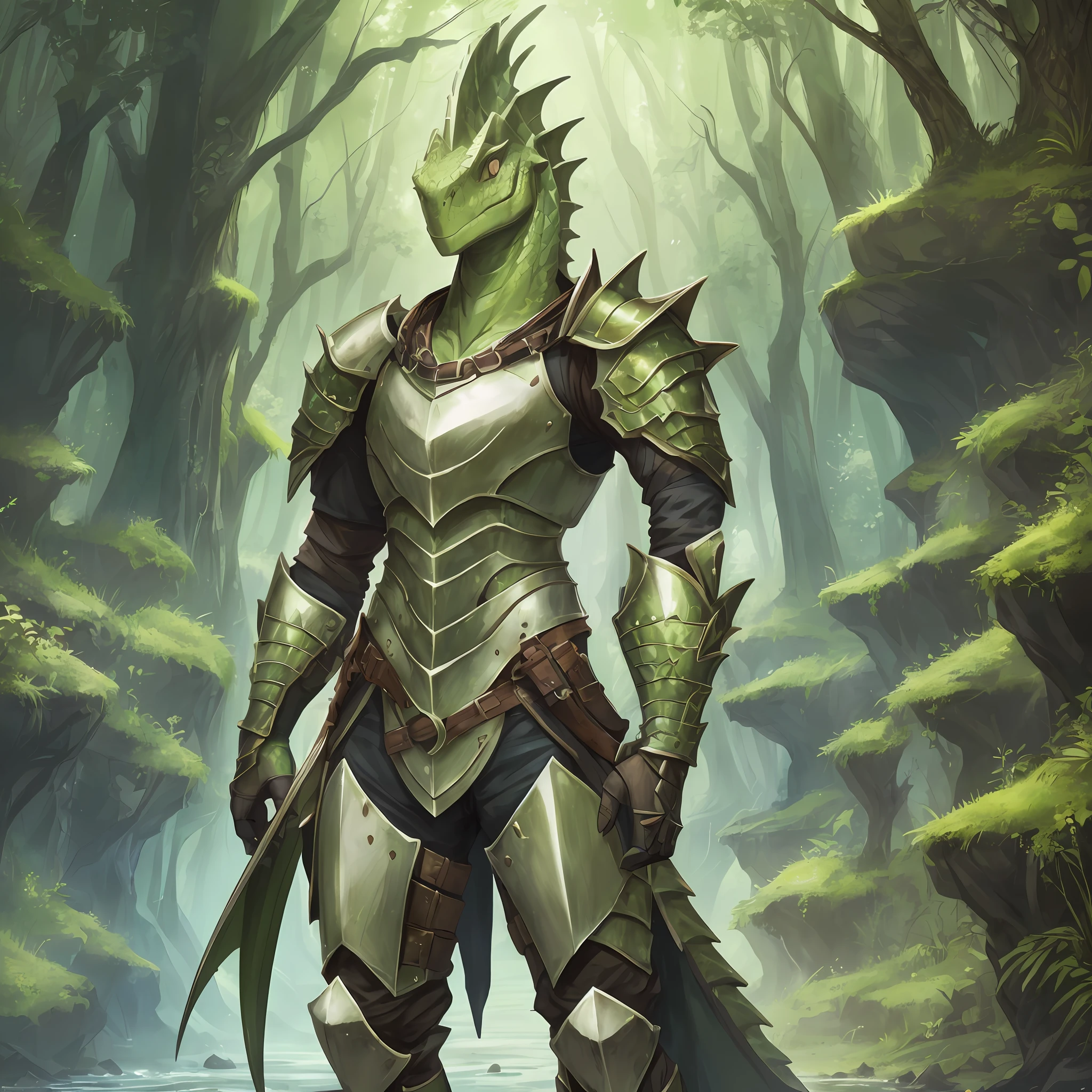 (single anthropomorphic dnd lizardfolk bard, no-nipples, nippleless, no duplicate, no duplicate eyes, no duplicate head, he has one large scaly fin starting from his head and extending down slightly onto his neck and torso, The crest should stand out, no ears, earless, no wings, wingless, no horn, hornless, upright posture, male, reptilian long tail, charismatic, he is wearing a black fullplate armor) (#E4FFD1 skin: 0.3, scaly skin: 0.1), (human face: 0.3, lizard face: 0.1)), facing the camera, over_grown, fantasy, fantastic, 8K resolution, unreal engine, realistic anthropomorphism --auto --s2