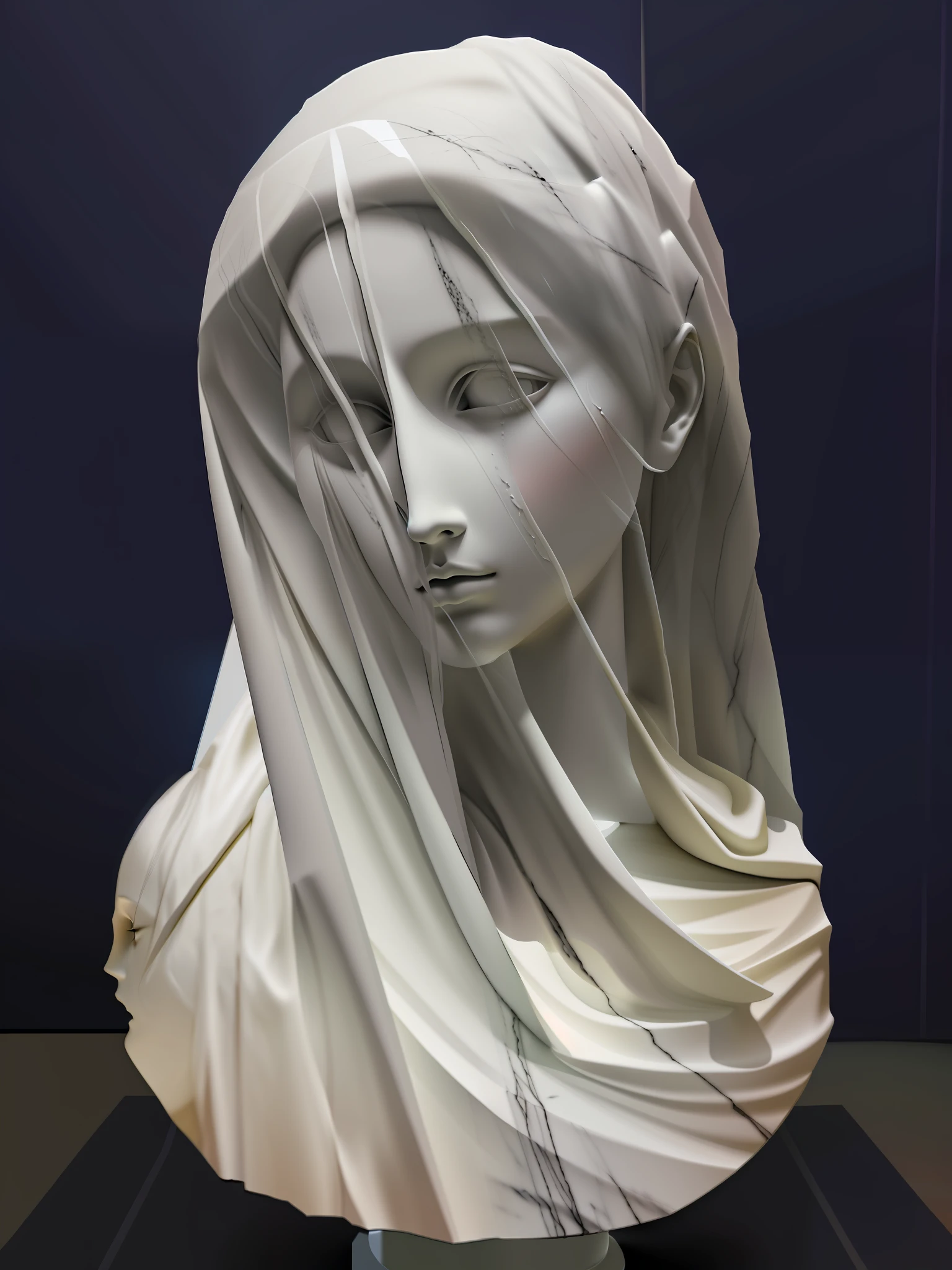 sculpture of a marble girl with a veil over her face ultra realistic with a black background